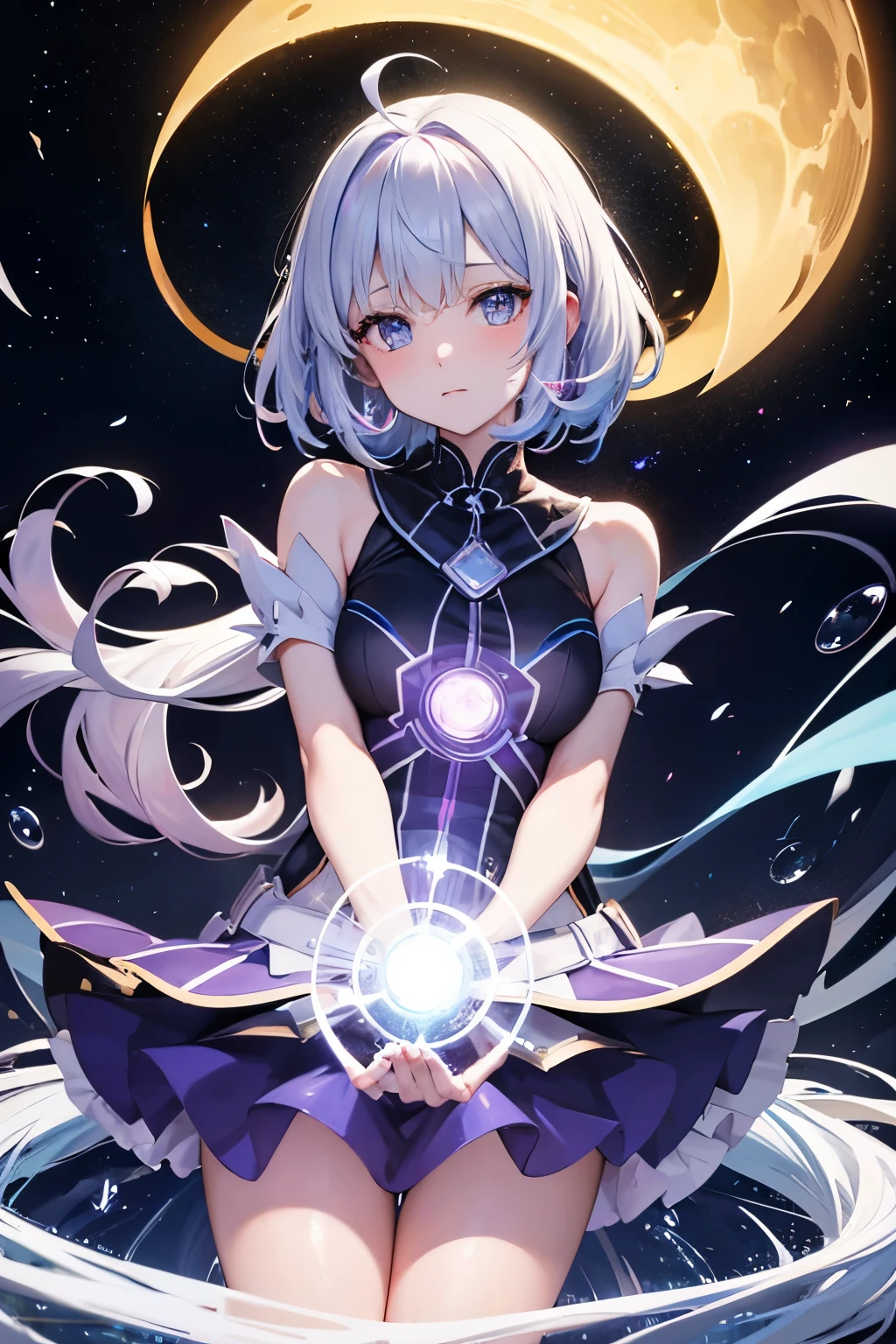 best quality, 32k, RAW photo, cute magical girl who can control darkness, control light, control water, control fire, control earth, and control wind, incredibly absurdres, extremely detailed, delicate texture, delicate, flashy and dynamic depiction, BREAK , kaleidoscope, huge magic circle, pale full moon, static electricity, electric discharge, geometric pattern, irregularity, mysterious, sign of something happening, wide space at night, night sky, colorful, digital, art, BREAK , background galaxy, rainbow colors neon line light, image processing with mysterious effects