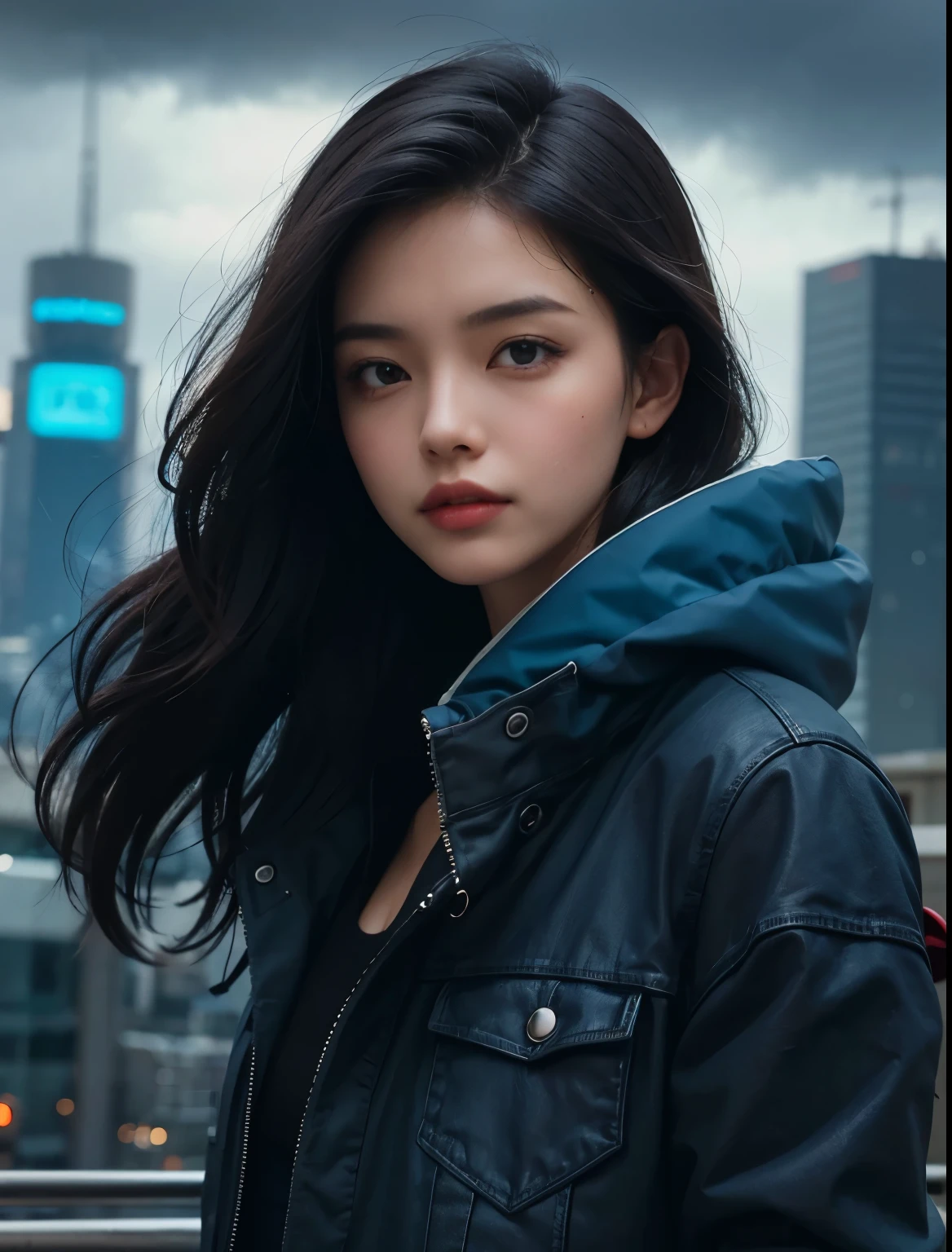 A woman is looking at the camera with a serious expression. Black dark brown hair. eighteen. The woman is wearing a jacket and blue jeans. A futuristic cityscape spreads out in the background of the woman. The weather is gloomy and cloudy.