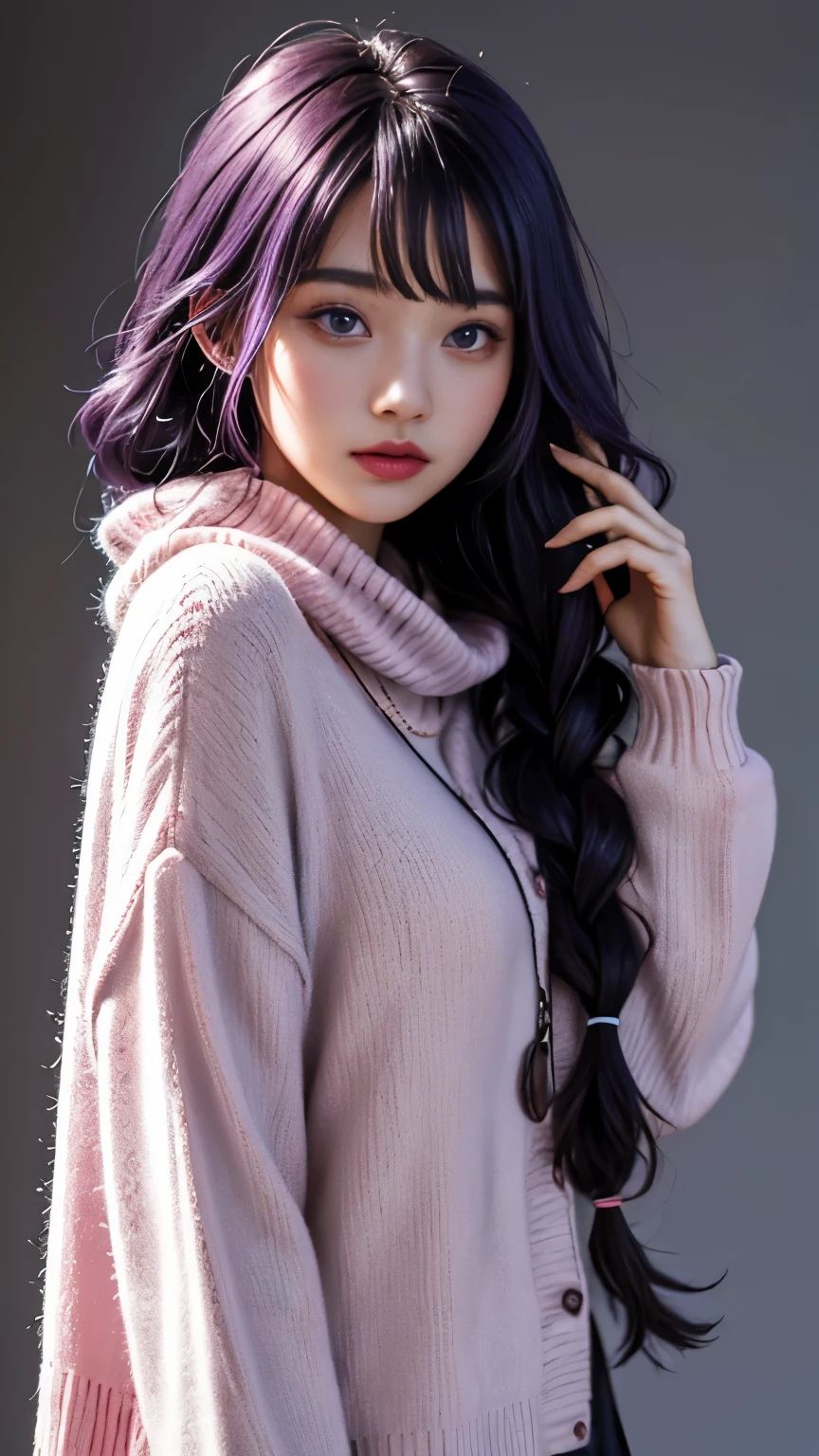 1 6 year old girl，Elementary school student wearing a red scarf，child，Cute little girl skin color，Purple hair big breasts、purple hair、long hair、single strand thick braid、purple eyes，Cute pink lips，wearing a bright shirt，in a pastel color palette aurorapunk style，Anime illustration of her face，Animated GIFs，Finger animation，Fascinating sketches，Smooth and shiny，Hazy，super blanket style，White background - AR 1:1--Niji 5--Stylistic expression--S 50，solid color background，No makeup，Super cute face without makeup