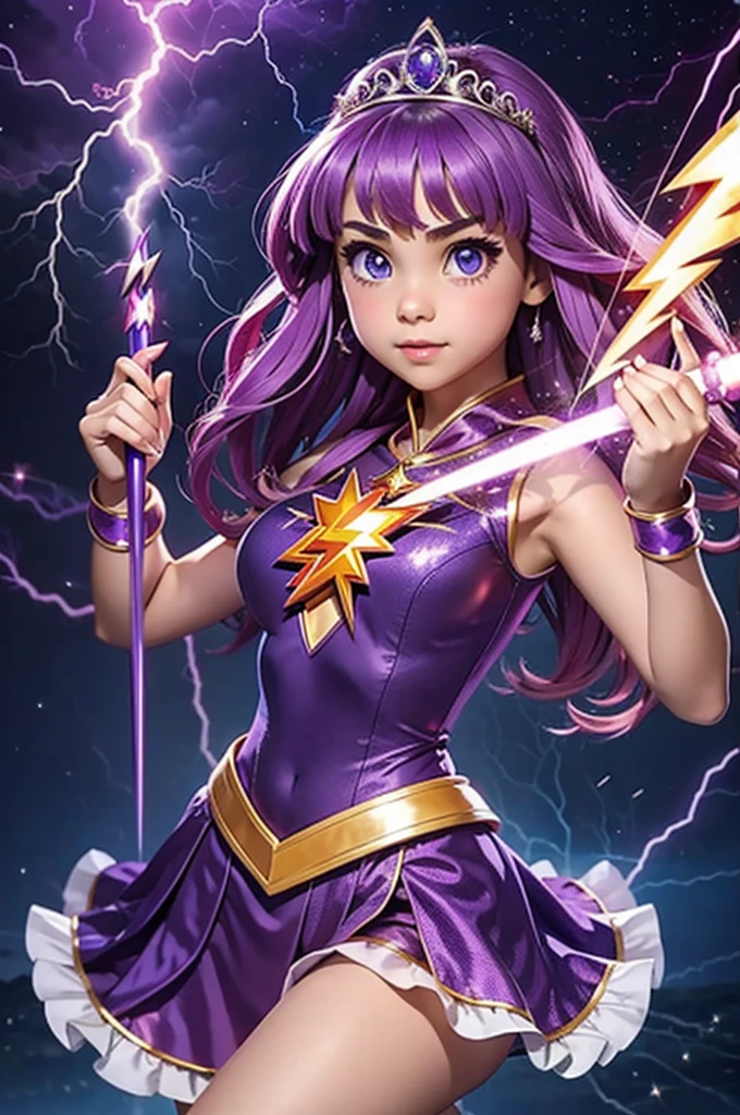A cute teenage girl is in a strange jewel inlaid outfit, she has a tiara with a magic symbol, her eyes are violet, she is in an action pose wielding a wand that has a heart motif, electricity dances around her and she hurls a lightning bolt from her wand