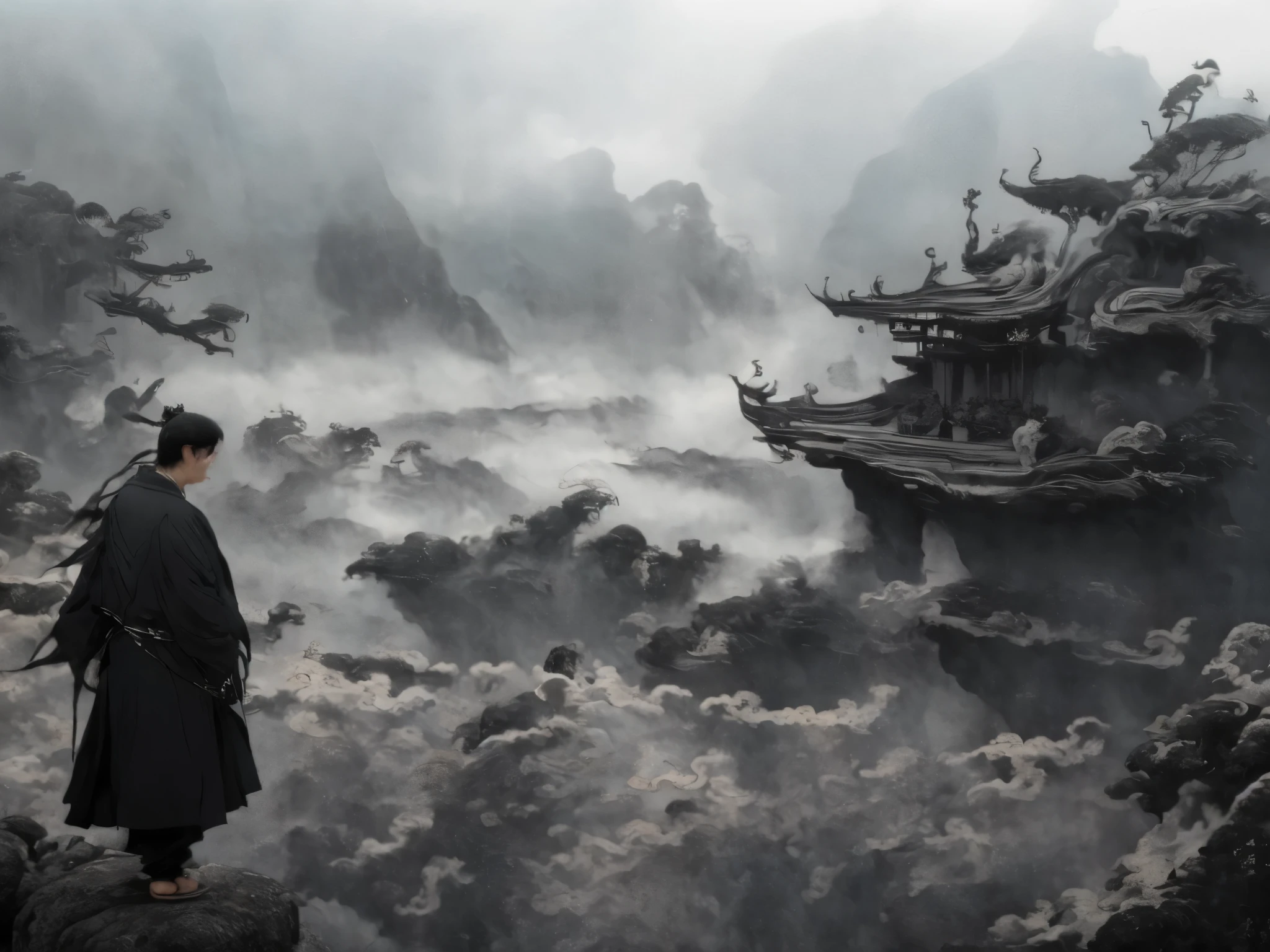 Asian man in traditional clothing standing on stone walkway，Overlooking the mist-shrouded valley, Mattire肖像拍摄, Ancient Chinese castles, Dream China Town, 高品质Mattire喷漆, 8kMattire画, 8KMattire画, Mattire画 4k 8k, 4KMattire画, Mattire, epic Mattire, Taoist temple and monks