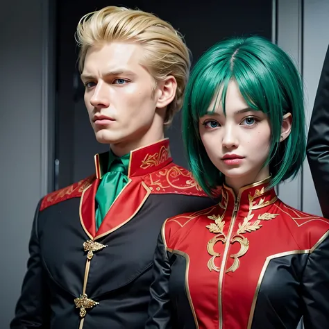 man with blonde hair and blue eyes in black and red suit standing next to a girl with green hair and green eyes in a black and r...