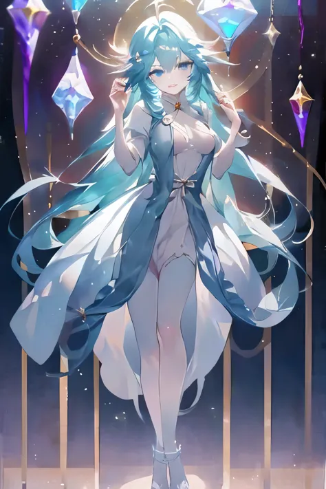 stand on tiptoes，Bells on ankles，Anime girl wearing blue clothes，blue hair and blue clothes, flowing magic robe, ((beautiful fantasy queen)), Astral Witch Clothes, full body xianxia, Beautiful celestial mage, heise jinyao, beautiful fantasy queen, jellyfis...