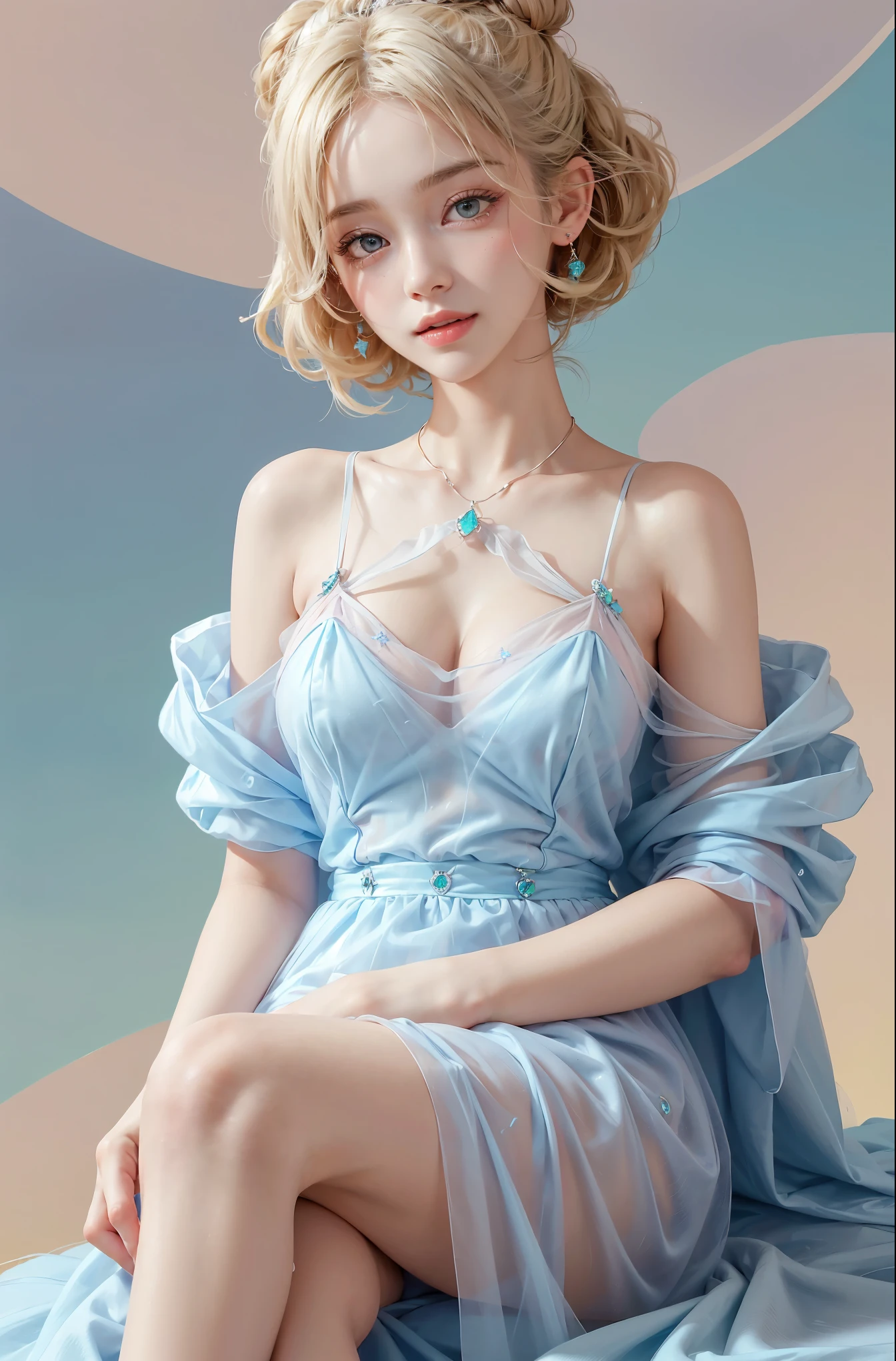 Sweet girl clothes8,(gem:1.3), (knee shot), (Surrealism), (illustration), (Resolution enhancement), (8k), (Very detailed), (Best illustration), (beautiful and delicate eyes), (best quality), (super detailed), (masterpiece ), ( wallpaper), (Detailed face),one blonde, curls,(High top fade in and out:1.3), (Smile brightly, bright look), dark theme, soothing tone, pastel colors, high contrast, (natural skin texture, Surrealism, soft light, impatient),exposure blending, medium shot, bokeh, (human development report:1.4), high contrast, (Movie, teal and orange:0.85), (pastel colors, fade, soothing tone:1.3), high saturation, (super detailed:1.2),(big breasts :1.2)