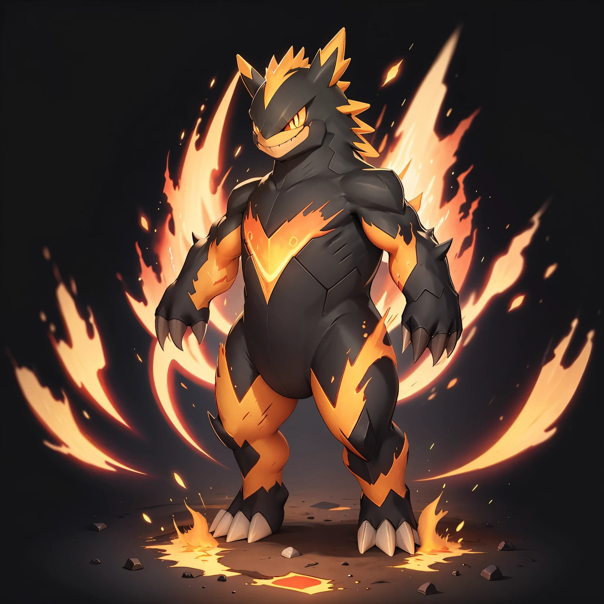 baodianxiong,full body,grin,looking at viewer,no humans,pokemon \(creature\),simple background,smile,solo,standing,breathing fire,burning,flame,claws,full body,glowing eyes,no humans,molten rock,embers,explosion,electricityfiery hair