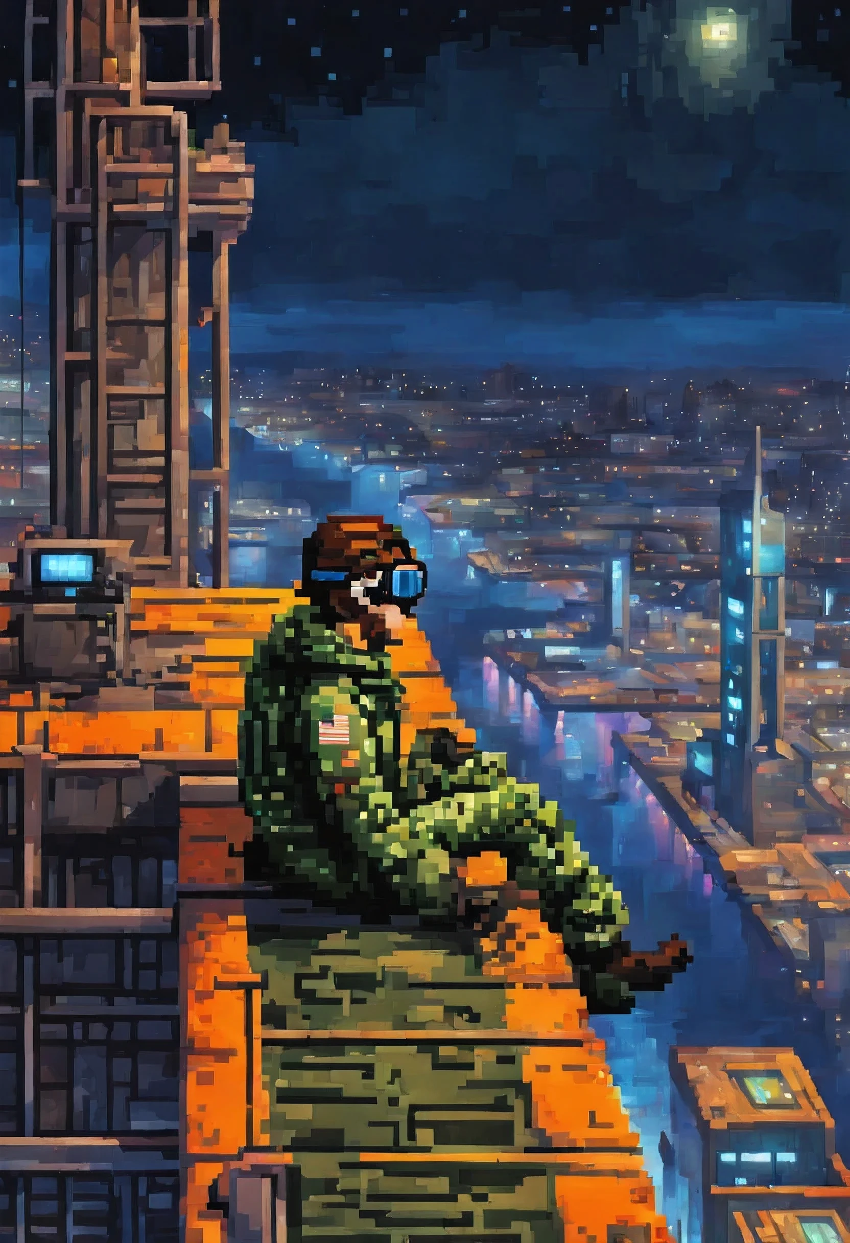 pixel art, digitales Ölpastell auf Leinwand, (Sci-Fi getarnt) Mann (das Tragen einer technischen Schutzbrille) um Mitternacht in der Zukunft flach auf dem Dach eines Lagerhausturms liegend (hoch oben in der futuristischen Stadt) Blick hinunter auf die Docks weit unten, von oben hoch über die Schulter gesehen, Blick auf einen Raumhafen unter