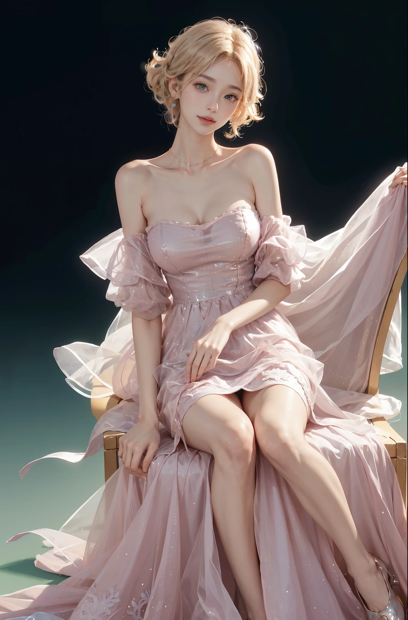 dress,  (full body), (Surrealism), (illustration), (Resolution enhancement), (8k), (Very detailed), (Best illustration), (beautiful and delicate eyes), (best quality), (super detailed), (masterpiece ), ( wallpaper), (Detailed face),one blonde, curls,(High top fade in and out:1.3), (Smile brightly, bright look), dark theme, soothing tone, pastel colors, high contrast, (natural skin texture, Surrealism, soft light, impatient),exposure blending, medium shot, bokeh, (human development report:1.4), high contrast, (Movie, teal and orange:0.85), (pastel colors, fade, soothing tone:1.3), high saturation, (super detailed:1.2),(big breasts :1.2)