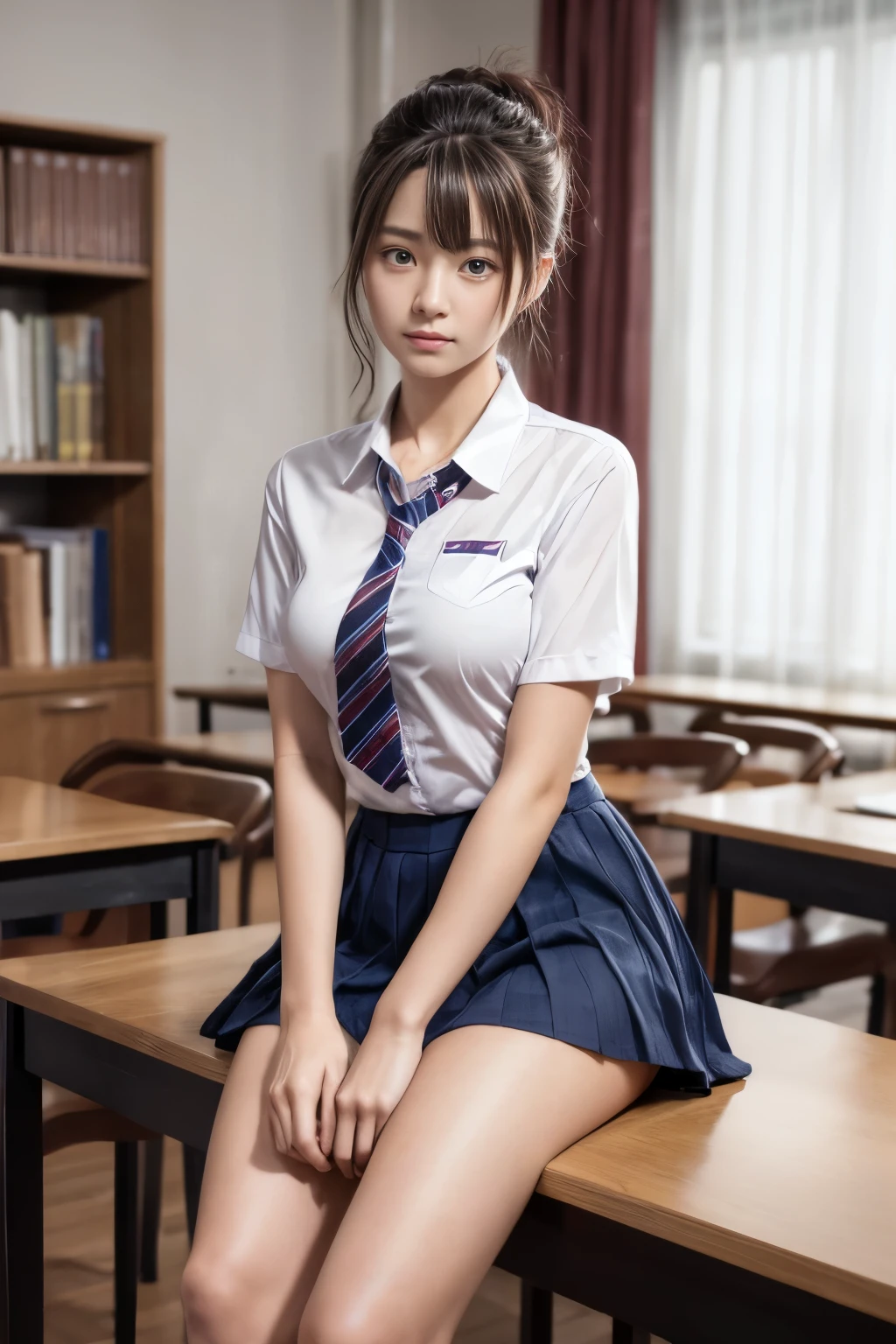 (Top Quality, 8K, High Resolution, masterpiece:1.2), ultra-detailed, realistic, physically based rendering, HDR, colorful lighting, In the classroom, a  dozing school girl, full body, 