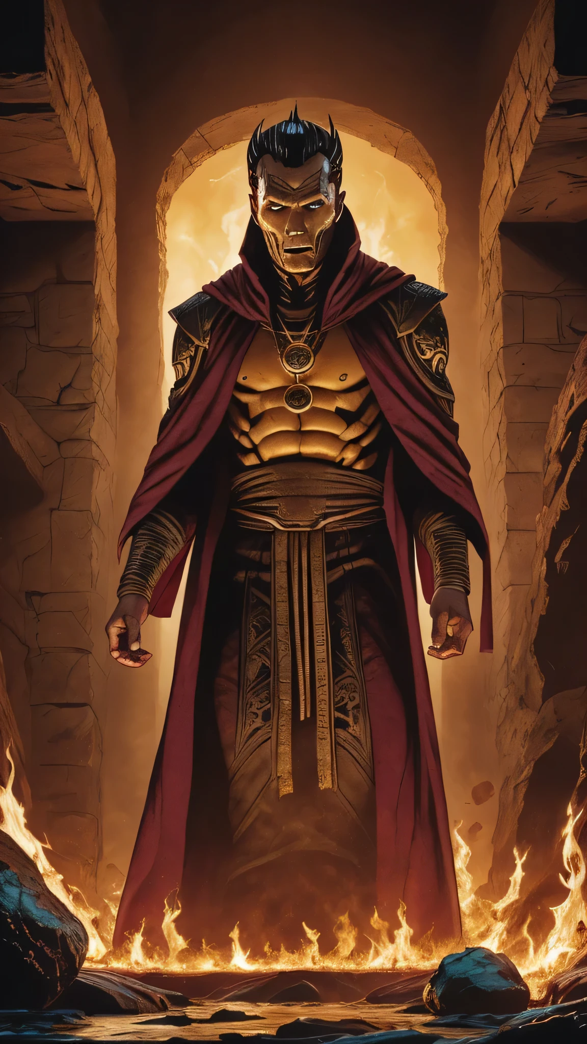 Aidan Gillen as Shinnok from Mortal Kombat, 1man, solo, ((mummy)), (((maroon hennin))), (((pale white skin))), (dark turquoise robe with intricate golden patterns), (amulet), a river of burning lava, burned bones lying everywhere, intricate, high detail, sharp focus, dramatic, photorealistic painting art by greg rutkowski