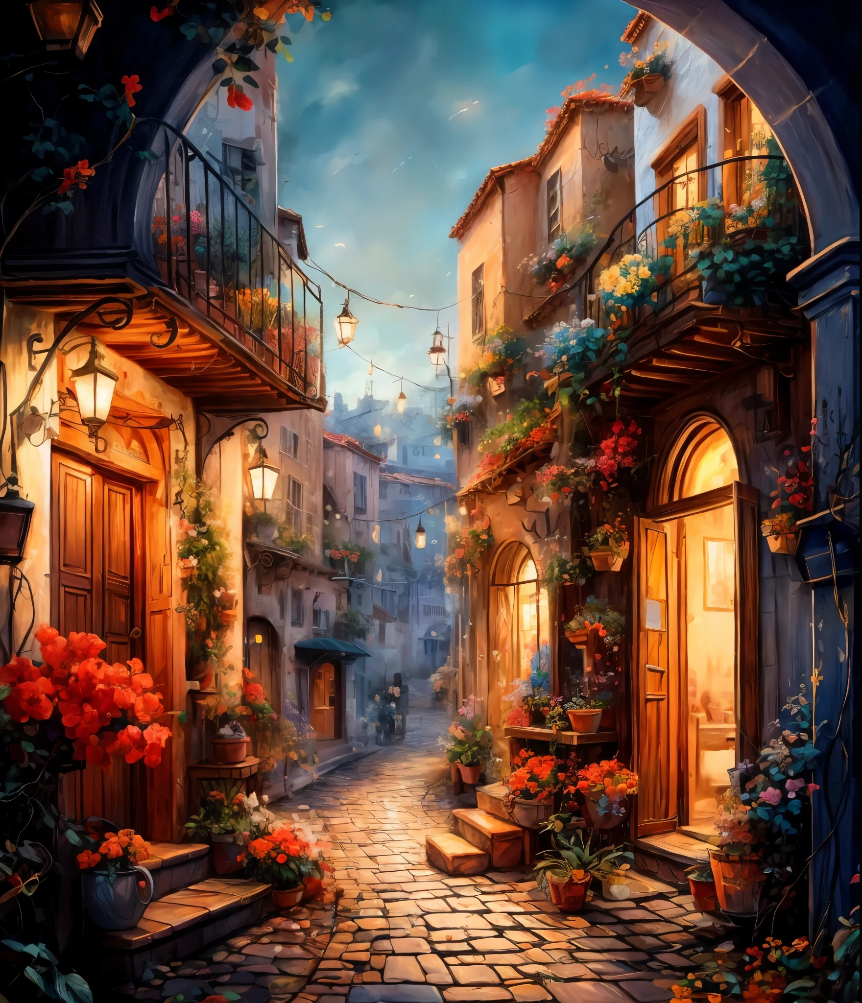 há uma pintura de uma rua com flores e plantas, linda arte digitalwork, linda pintura digital, bela arte uhd 4k, linda arte digital, Arte digital altamente detalhada em 4k, pintura digital altamente detalhada, bela paisagem urbana, Arte detalhada de alta qualidade 8k, arte digital estilizada, very linda arte digital, pintura detalhada 4k, estilo de pintura digital, linda ilustração digital