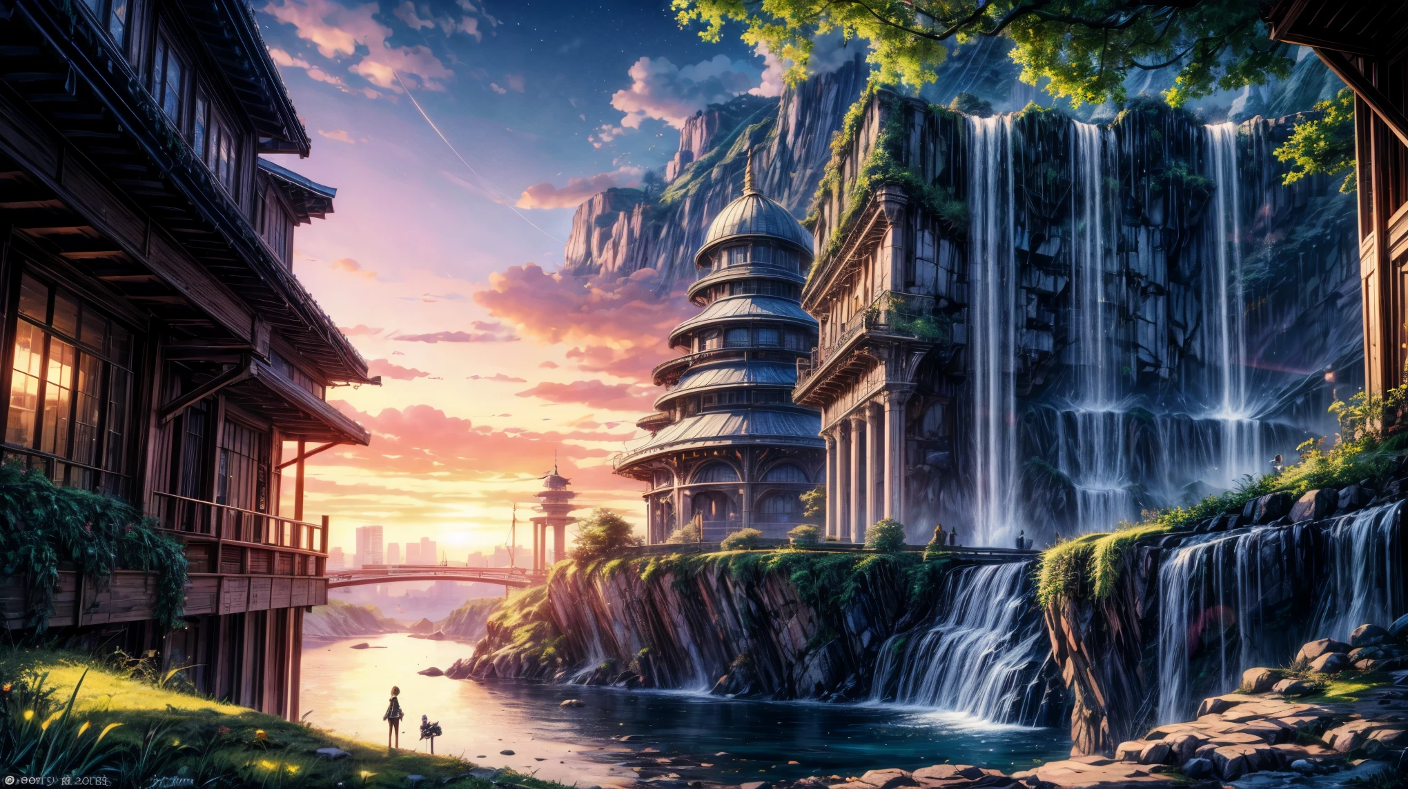 masterpiece, best quality, 16K UHD, futuristic floating city, contemplating the scenic beauty, a girl in a futuristic outfit with short bobbed hair, ultra-detailed, photo-realistic, huge urban high-tech tablet platform, advanced architecture blending seamlessly with nature, surrounded by small airships and colorful lights, transparent pathway leading to the building, lush greenery and cascading waterfalls, epic sunset illuminating the magnificent skyline, sparkling river reflecting the vibrant colors, minimalist design with harmony and sustainability,