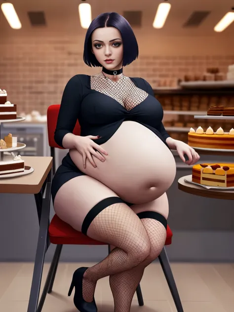 Raven, grey skin, masterpiece quality, lots of detail, realistic, studio lighting, in a bakery, lots of cake in background, sitting on chair, short hair, sexy pose, wearing choker collar, wearing black dress, short skirt, wearing fishnet stockings, big bre...