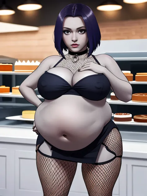 Raven, grey skin, masterpiece quality, lots of detail, realistic, studio lighting, in a bakery, lots of cake in background, short hair, sexy pose, wearing choker collar, wearing black dress, short skirt, wearing fishnet stockings, big breasts, (big breasts...