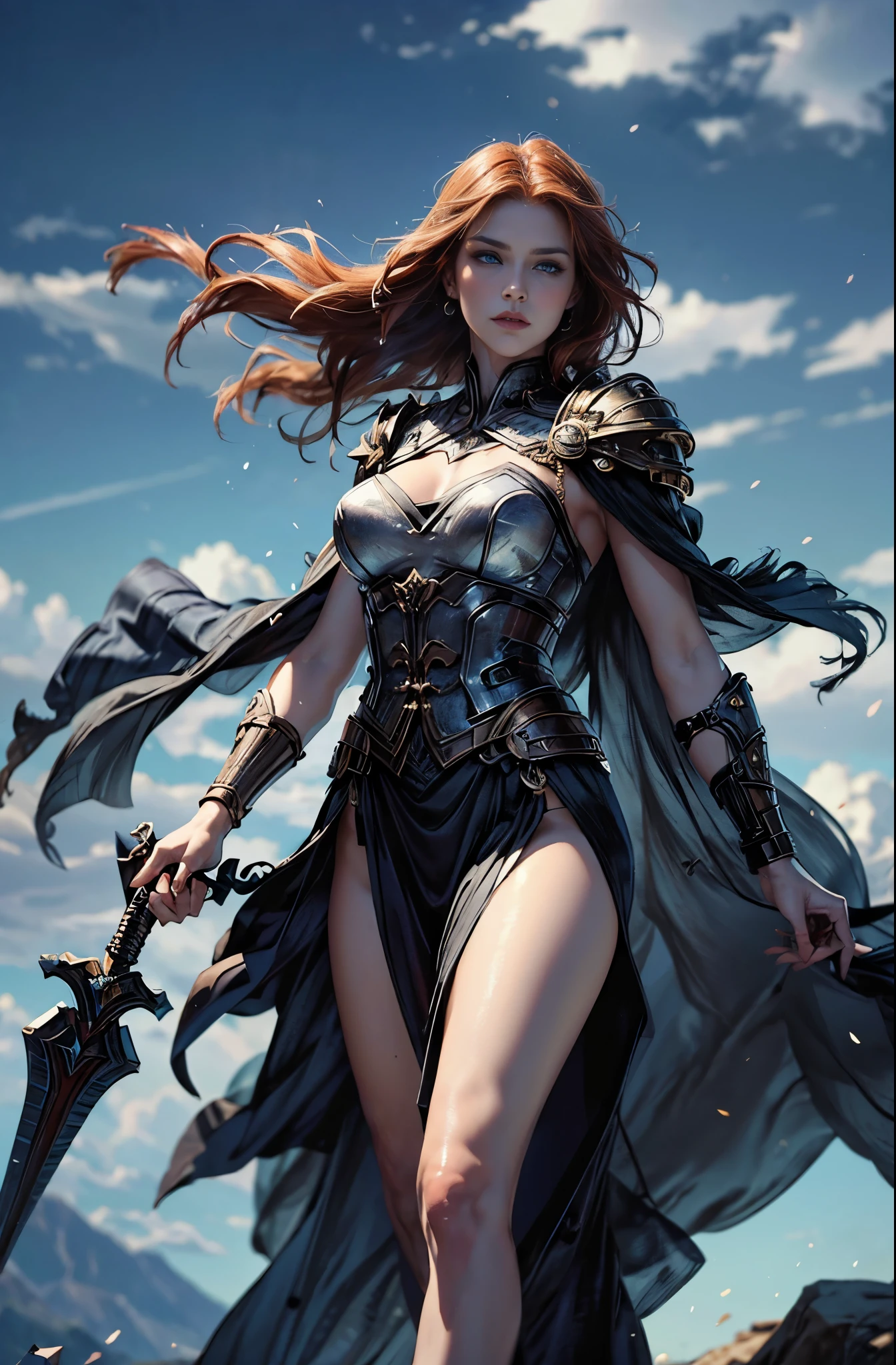 A woman in her late 20s who boasts unparalleled beauty., red hair, Another name for the red scorpion, Invincible female mercenary with a weapon, Battle Master, Swordmaster, Brave, Awe-inspiring Hall々, The wind is thunderous, lightning speed, Be brave and bold, beautiful goddess of war, extremely detailed and beautiful eyes, blue eyes without pupils, Ride of Valkyrie, Valhalla, unparalleled beauty, perfect supermodel body, delicate, whole body slender, Tall and lean, Slender, quite beautiful face, beautiful, Cloak wrapped in the wind, Battle Master, wallop style, Style Ivan Talavera and Artgerm, wallop and art germ, art germ style, inspired by Vincent Lefevre, Gwaites style artwork, artgerm and wlop, figurative art, Beautiful and expressive paintings, Beautiful artwork illustration, wonderful, cool beauty, highest quality, official art, perfect composition, perfect angle, best shot, female solo, sharp outline, nostalgia, romantic, blue eyes without pupils, color eye, mysterious, fantasy, Sense of presence, battlefield, combat readiness, battle scene, Close-up