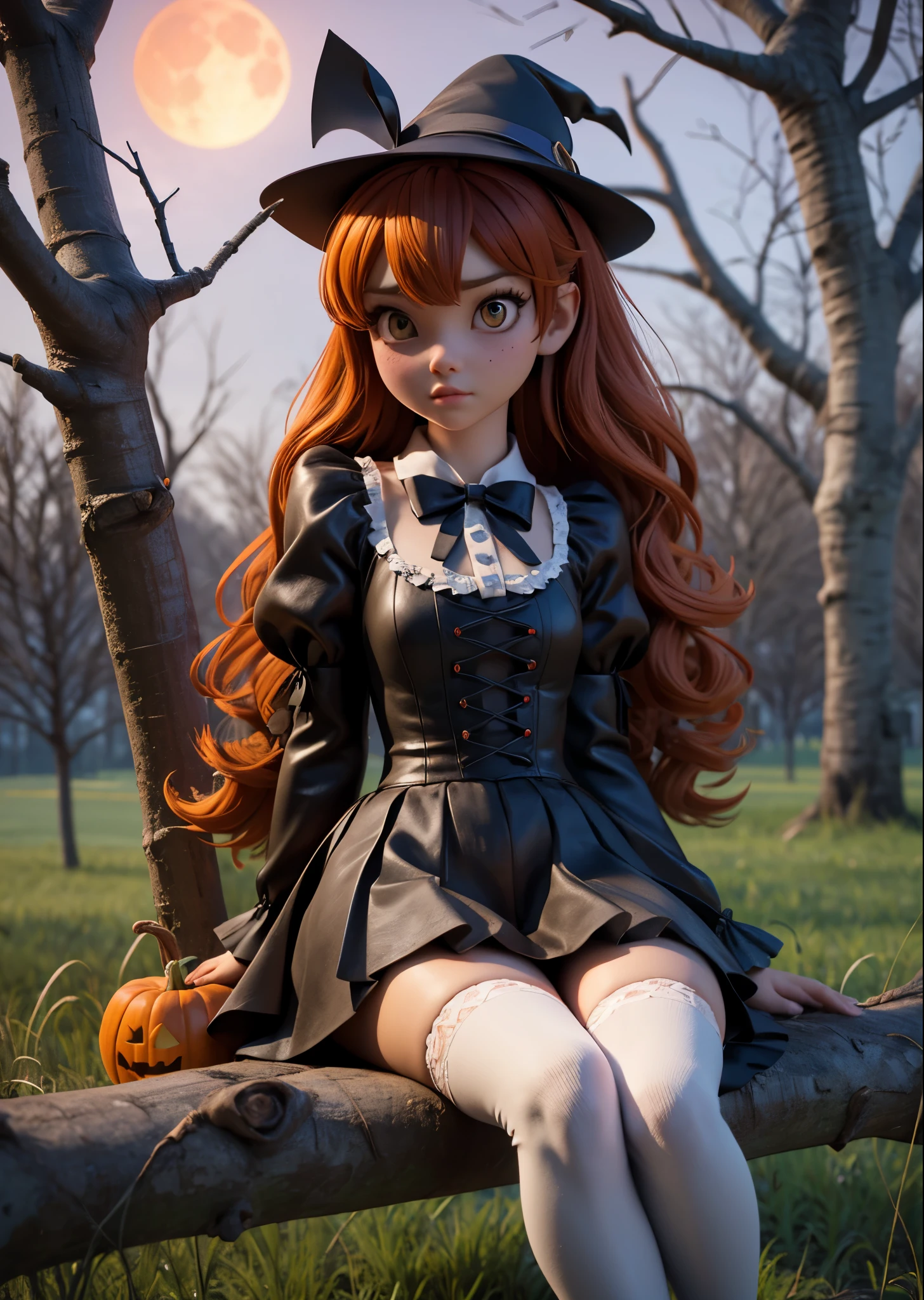 Halloween、Cosplay Girl、lolita fashion、1 girl、1 teenager、sitting on the thick branch of a tall tree、Yellow Moon、Dead trees、Dead grass、bat、3D