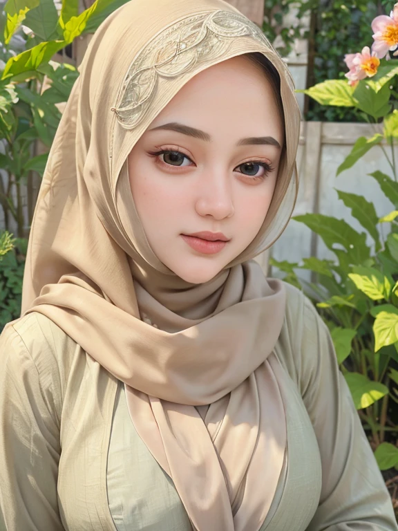 (best quality,4k,8k,highres,masterpiece:1.2),ultra-detailed,(realistic,photorealistic,photo-realistic:1.37),portraits,hijab,garden,beautiful detailed eyes,beautiful detailed lips,extremely detailed face,long eyelashes,soft and natural lighting,vibrant colors,flowing fabrics,serene atmosphere,peaceful expression,feminine pose,botanical elements,inspiring and tranquil setting,subtle textures,A girl dressed in an elegant hijab standing gracefully in a vibrant garden. She has beautiful, detailed eyes and lips that exude calmness and serenity. Her face is extremely detailed, highlighting the intricate features and long eyelashes. The garden surrounding her is filled with lush greenery, blooming flowers, and a variety of botanical elements. The lighting is soft and natural, casting a gentle glow on her face. The colors in the scene are vibrant and visually striking, creating a captivating visual experience. The hijab she wears is flowing and elegant, adding a touch of grace to her appearance. The overall atmosphere is peaceful, inspiring, and tranquil, creating a sense of harmony and beauty. Subtle textures add depth and richness to the image, enhancing the realism. This masterpiece of a portrait captures the essence of femininity, empowerment, and tranquility in a stunning and captivating manner.