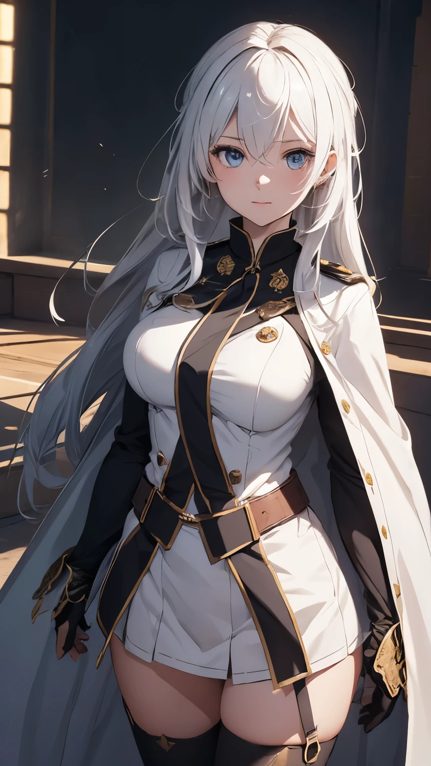 (extremely detailed CG unity 8k wallpaper), (masterpiece), (best quality), (ultra-detailed), (best illustration), (best shadow), (absurdres), 2b, 1girl, long hair, normal size , white hair, Intimidating women, admiral uniform, night, hero pose, white clothes, General Uniform, Military Uniform, Sunlight, exposed to sunlight,commander, cape, fighting, ((beautiful fantasy girl)), (Master Part: 1.2), Best Quality, High Resolution, photorealestic, photogenic, Unity 8k Wallpaper, perfect lighting, (perfect arms, perfect anatomy) beatiful face, intricate details, lifelike details, the anime, The Perfect Girl, perfect details, ultra HD |, 8k, Professional photo(extremely detailed CG unity 8k wallpaper), (masterpiece), (best quality), (ultra-detailed), (best illustration), (best shadow), (absurdres), 2b, 1girl, long hair, normal size , white hair, admiral uniform, night, hero pose, white clothes, General Uniform, Military Uniform, Sunlight, exposed to sunlight, commander, black clothes, happy expression