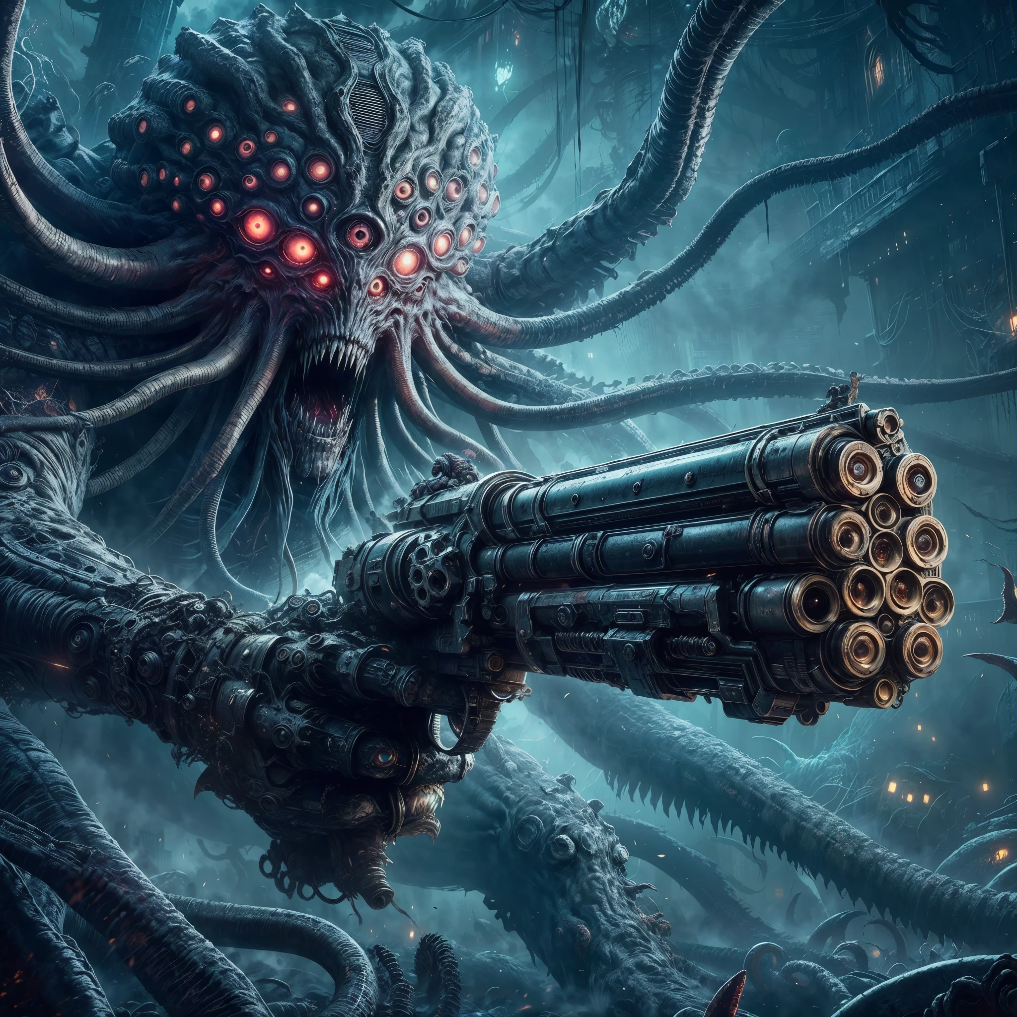 Resident evil,dark soul boss, Bloodborne,Lovecraft evils, monster, fantasy, dark, Smokey, many eyes, many tentacles, cloud like, floating, realistic, terrifying, otherworldly, destructive, pitch-black, holding a railgun made of bones, bloodstained,many mouths, many arms,tentacles, cursed human soul with desperate face,eirie,Lovecraft horror environment, ted mist