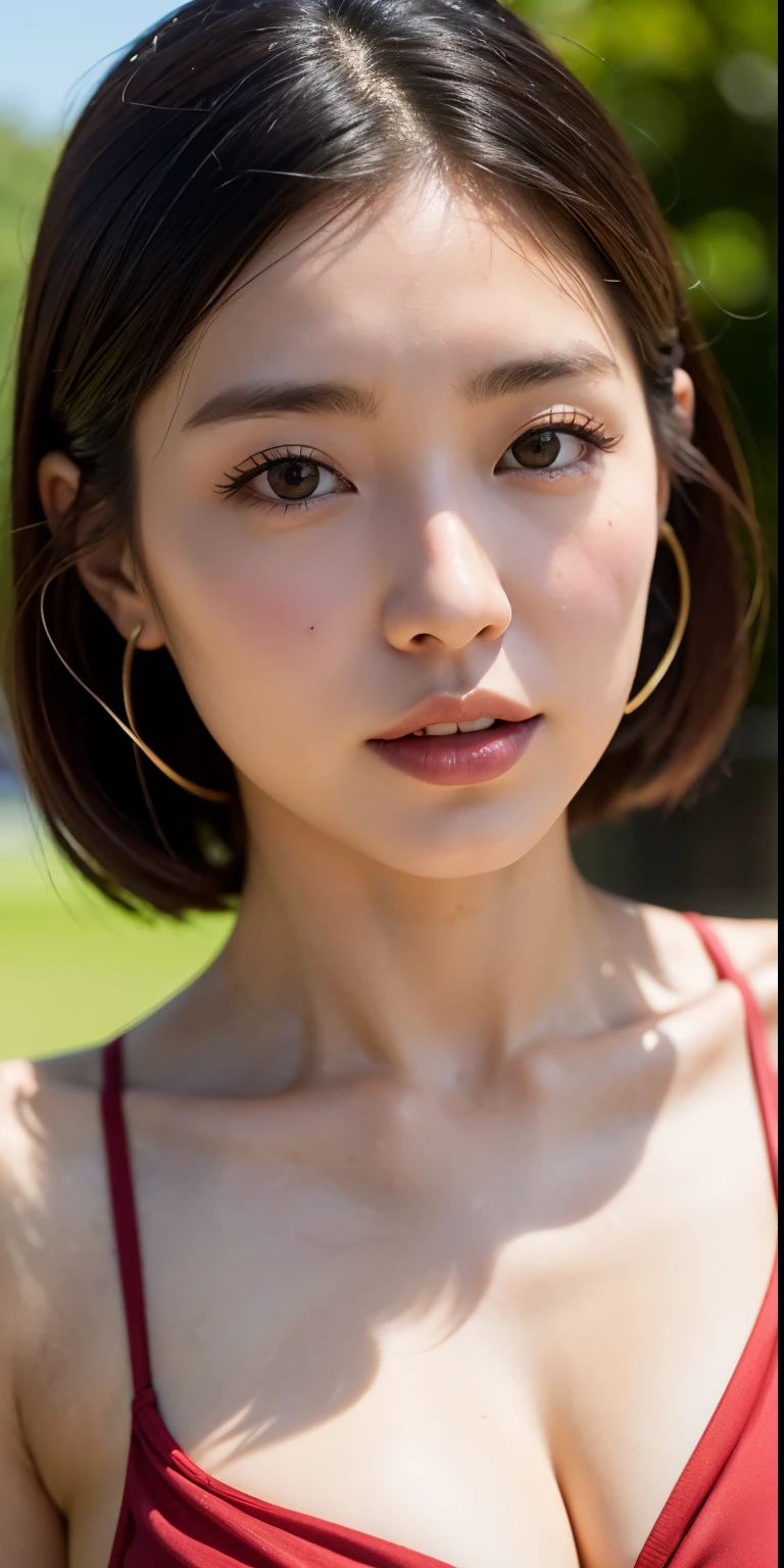 A close up of a woman in a red dress with a big hoop earrings - SeaArt AI