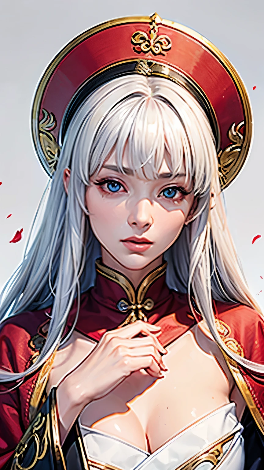 surreal), (High resolution), (8K), (very detailed), (beautiful and fine eyes), (highest quality), (super detailed), (masterpiece), (detailed face),Anime character with white hair and red cloak holding a fan, Haise Jinyao, white haired god, Inspired by Bian Shoumin, Inspired by Michio Kan, Inspired by Yoon Doo Seo, Inspired by Hong Ren, Inspired by Lu Ki, Inspired by Huang Gongbang, inspired by Ren Xiong, Inspired by Li Miki