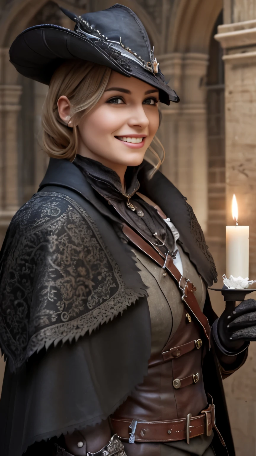 realistic, High resolution, soft light,1 female,  With a smile,alone, hip up, (detailed face), gray hair, Edge BB, torn clothes, coat, cuff, black capelet, capelet, hunter (bloodborne), black gloves, arm to the side, tricorn hat facing forward, belt, woman wearing Edge BB_clothing, bloody neck cloth, dark, candle, jewelry