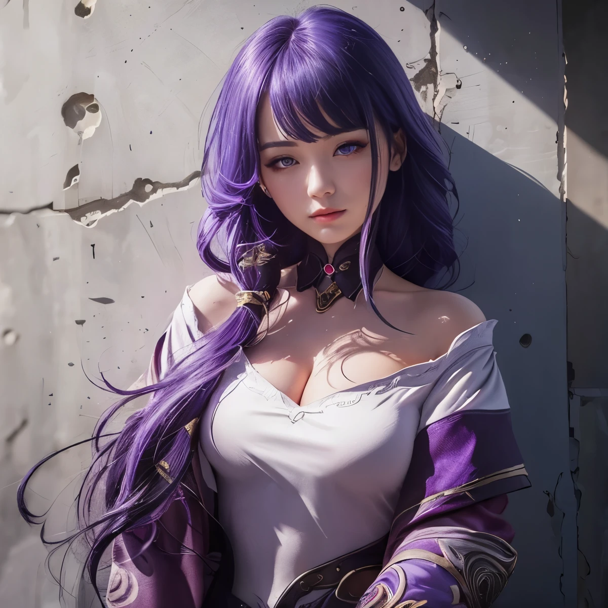 (photo ultra réaliste, 8k euh, plein de détails dans les vêtements et le visage, chef-d&#39;œuvre, fille déesse de la beauté). Shogun Raider de Genshin Impact est une femme sexy avec de longues, cheveux violets flottants, qui porte une lingerie sexy très détaillée, elle porte un bijou sur le côté de la tête orné de détails dorés et d&#39;une pierre précieuse au centre. - Elle porte une tenue violette et rose avec des détails dorés, avec des motifs ornés en or. La partie supérieure de l&#39;armure est serrée au corps, mettant en valeur ses courbes. (elle a des seins longs, seins énormes et parfaits émergeant de sa sexy, décolleté érotique, SEINS pointus et pointus), ((micro culotte transparente montrant la chatte, chatte parfaite)), corps défini, corps avec des courbes, gros cul gai, chatte montrant, Ses bras sont recouverts de gants blindés qui ont des motifs similaires en or et sont attachés au haut de son bras par des sangles.. - Un morceau de tissu coule de sa taille, complétant le look de l&#39;armure. - Son visage est très beau, elle a les yeux rose clair et une expression sérieuse. - En arrière-plan, il y a un ciel dramatique plein de nuages sombres et d&#39;éclairs éclairant la scène. Une pleine lune est également visible entre les nuages.