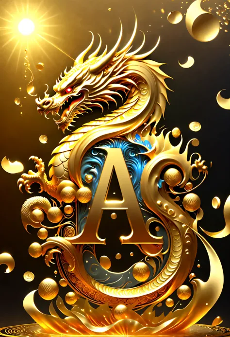 Gorgeous wallpaper design, (many, many, many golden letters pouring down in the sky: 1.37), gold lines and heavy rain carved with AI coins pouring down, many vertical transparent English letters "AI" width), (Golden transparent English letters "A&I"), (Eng...