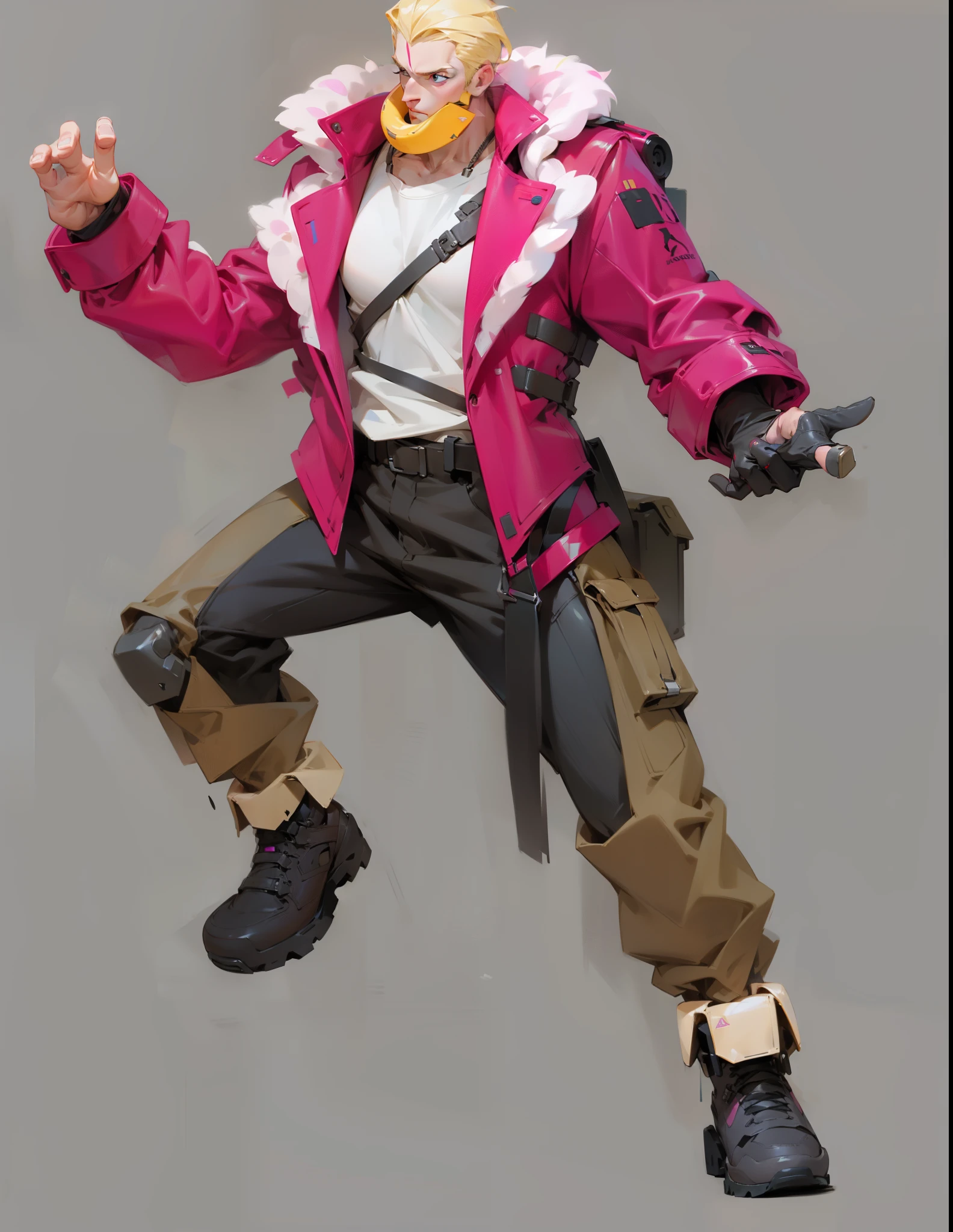 A close up of a person in a pink jacket and black pants - SeaArt AI