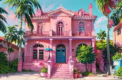 pink house with stairs leading to the front door and balcony, in a candy land style house, wealthy house, pink vibe, vaporwave b...