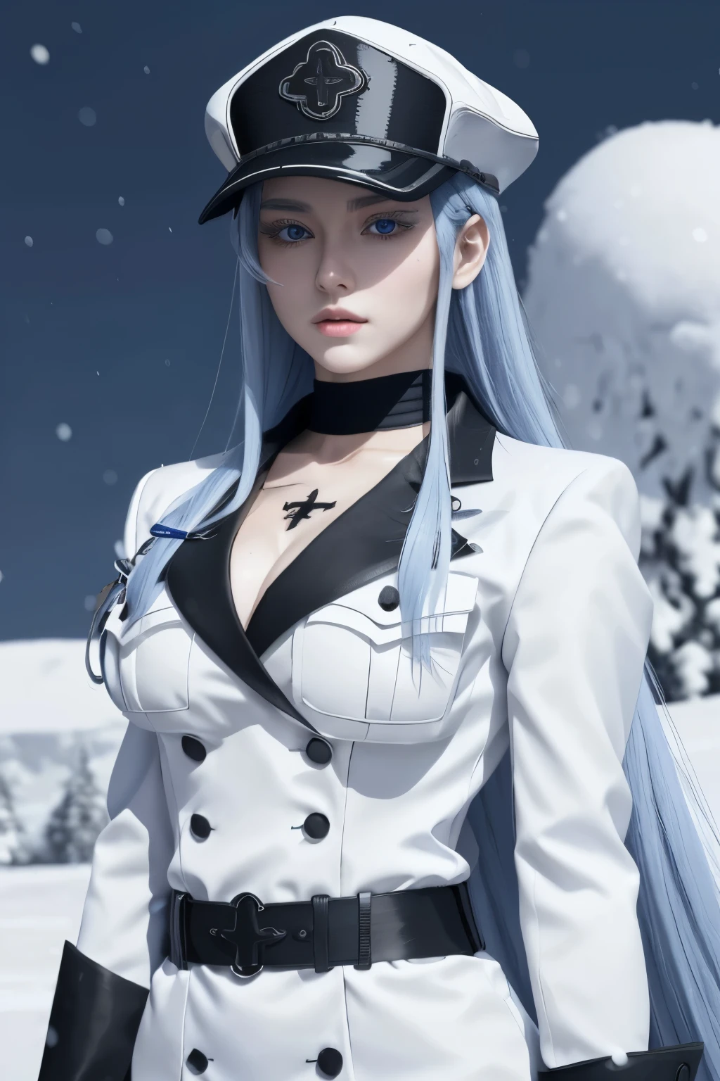 beautiful girl long light blue hair and blue eyes, white skin, slim body, big breasts, sexy, standing pose, wearing white military uniform and hat, military girl, face portrait, snow background, smooth texture, high quality, high detail, ig model, realistic.