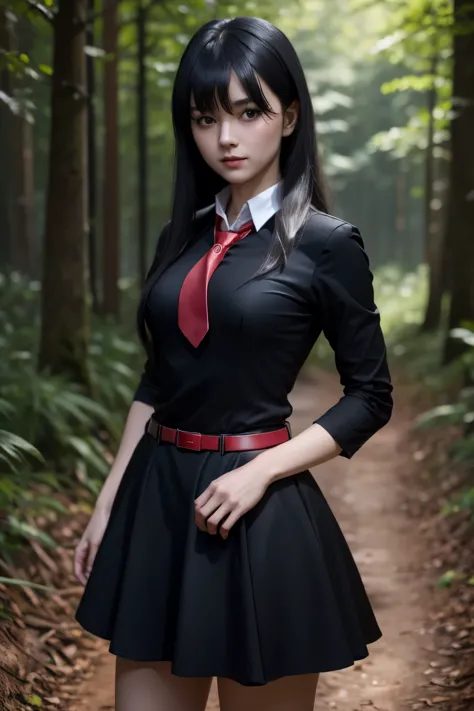 beautiful girl in black dress with red collar and long red tie, black short skirt, red waist belt,long black bangs red eyes, sta...