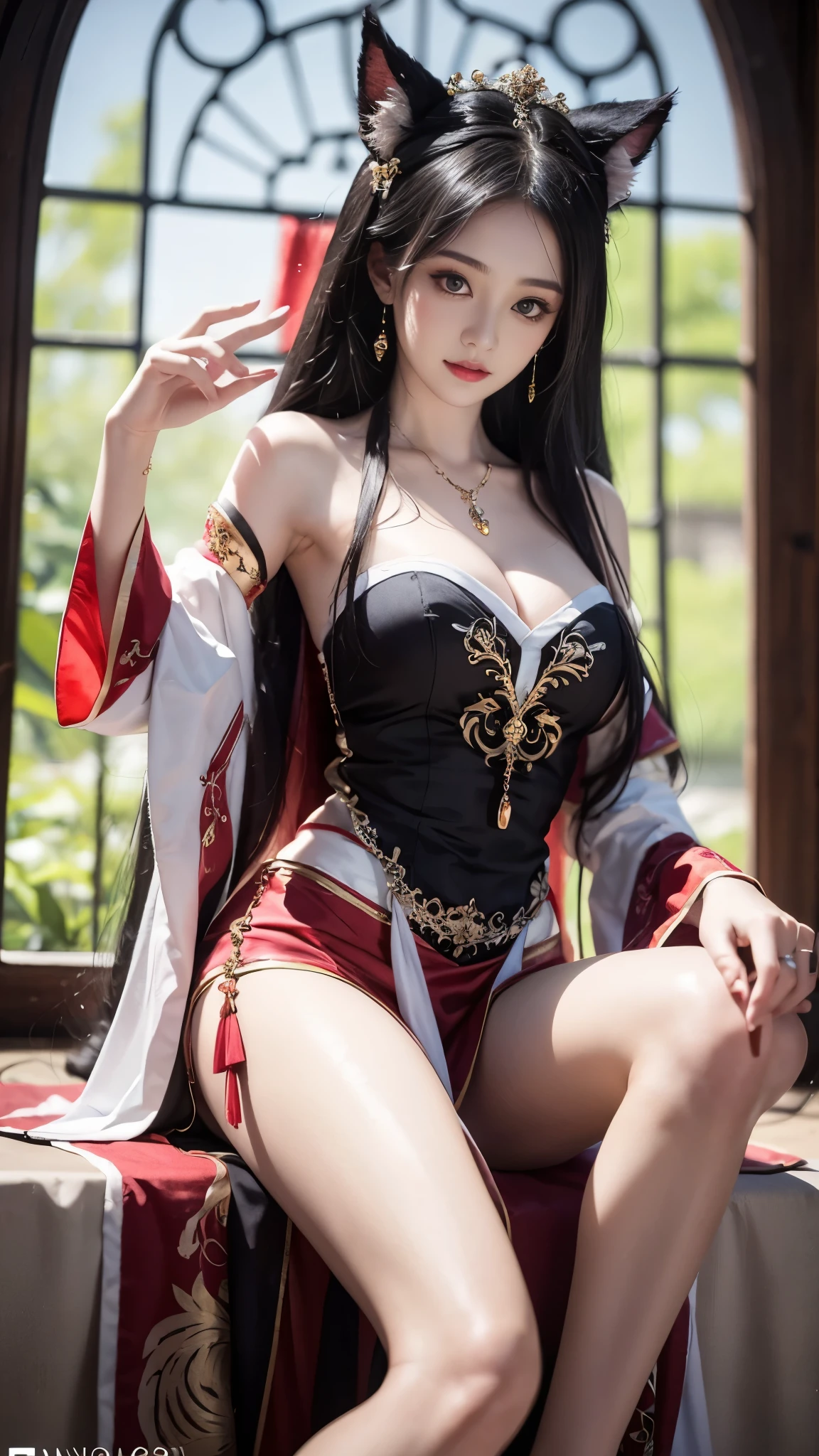 Ahri_Cosplay, White Tails, Black long hair, yellow eyes, ((Knee Shooting)), arapefee, looking at camera， wear high heel shoes，Put on the crown，necklace，Smile，Shoot at random angles，beside a window, in the castle, transparency，（King size ，1.5），Exposing cleavage，Turn around and look at the camera，masterpiece，flawless，transparency，Empty inspiration，More details and decoration，Show your thighs，Sexy slender legs, 8k，（Wear decorations such as rings，1.9），White skin，Ornate ornament，a girl，(anatomically correct，PremiumQuality, high detail, masterpiece）