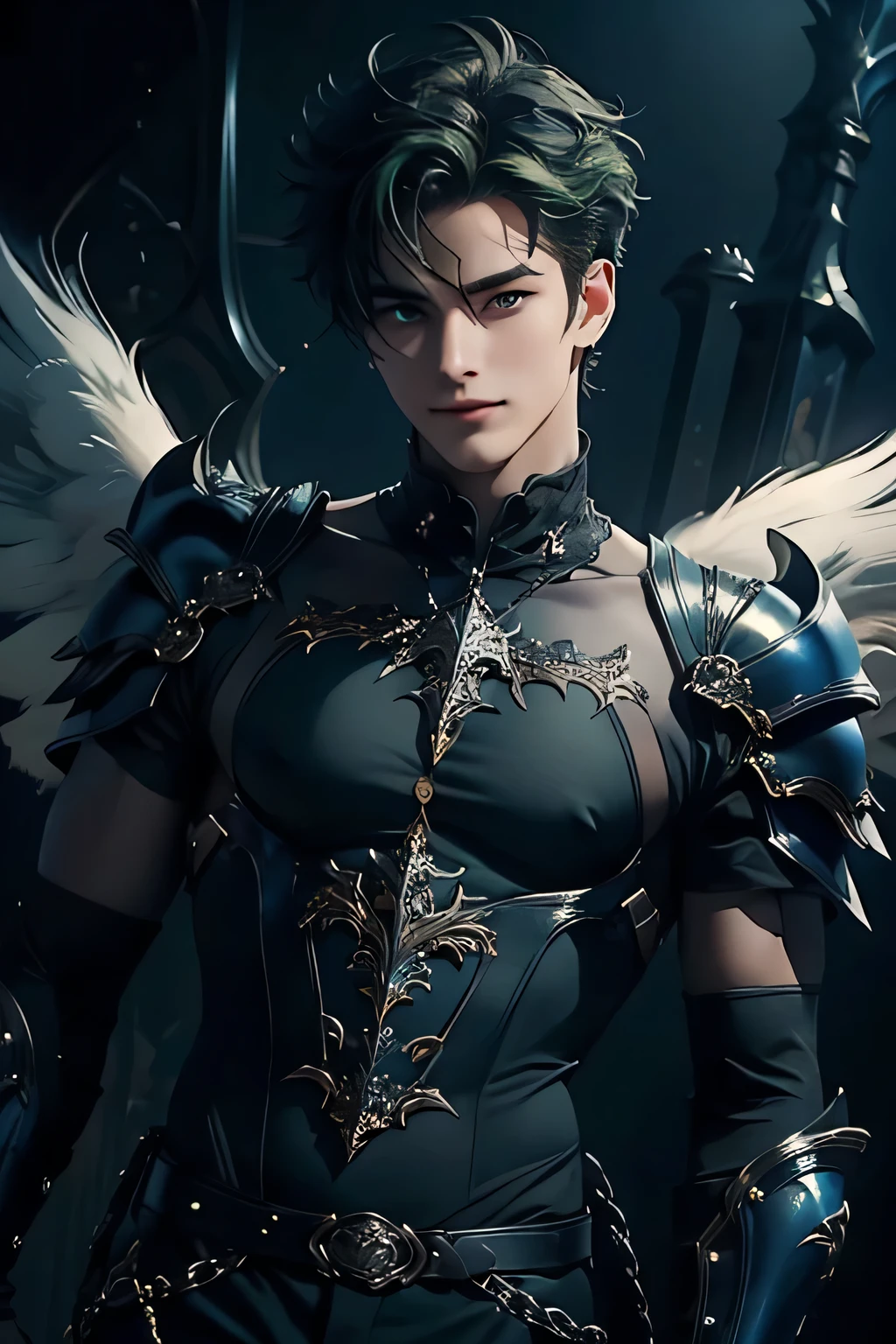 ((Best Quality)), ((masterpiece)), (detailed), ((perfect face)), ((half body)) perfect proportions, He is a beautiful male angel., 18 years, Messy short hair, He is funny, he has messy green hair, wears open clothing over the chest, he has big blue eyes, he dresses in black, wears a little armor. sexy, Is extrovert, he has angel wings, he is against a night background, there is a gothic castle behind it, he smiles funny , ((perfect face))