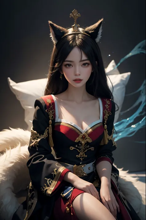 Ahri_Cosplay, White Tails, Black long hair, yellow eyes, photography, yushuxin,1girl,solo, HD, photo, Miss, beautiful clothes go...