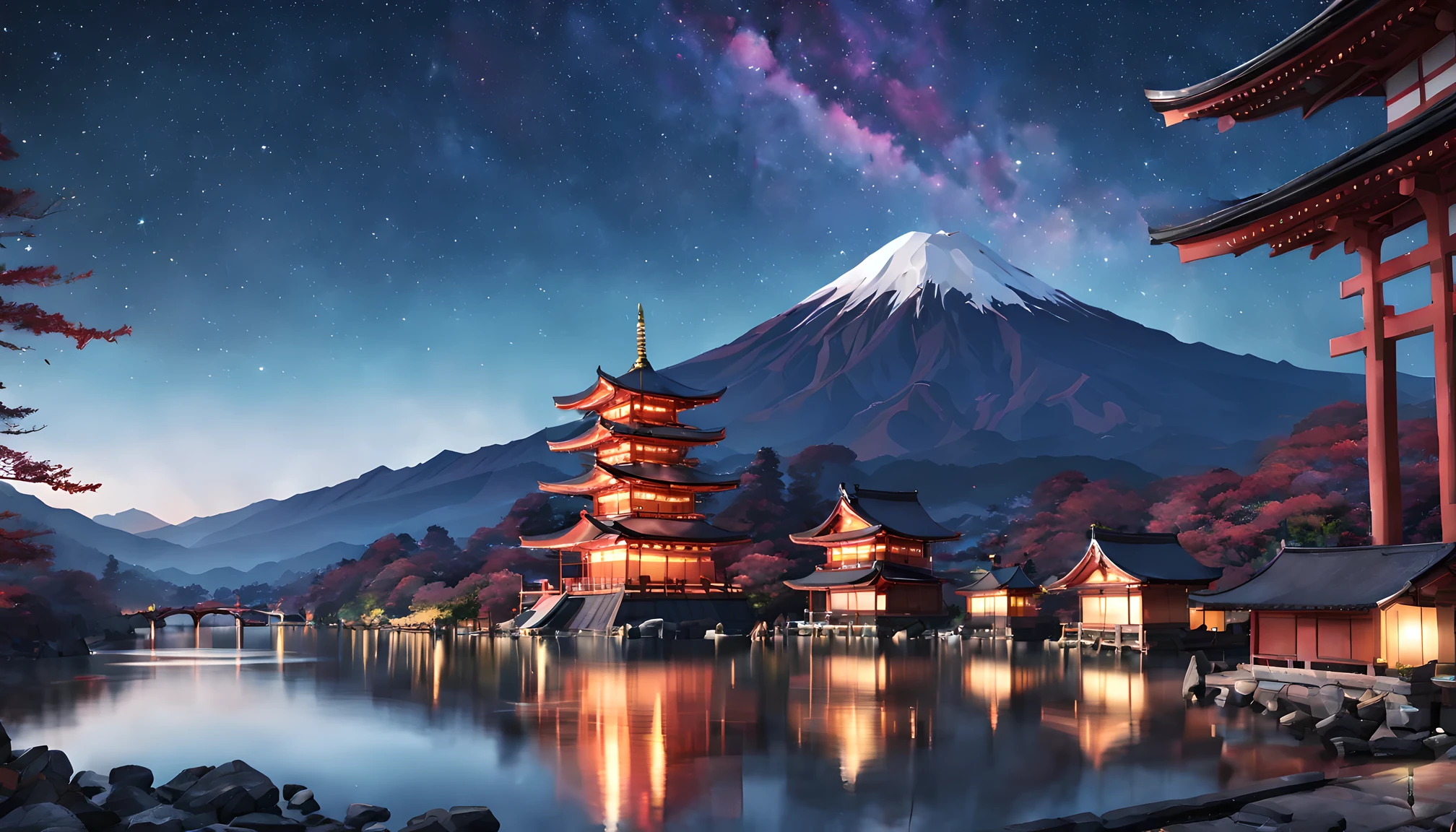 Metrópolis ficticia、、vista nocturna、cielo estrellado、Un edificio diseñado como un santuario.、Monte. Fuji en la distancia