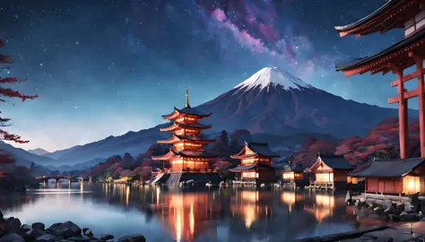 fictional metropolis、、night view、starry sky、A building designed like a shrine、Mt. Fuji in the distance