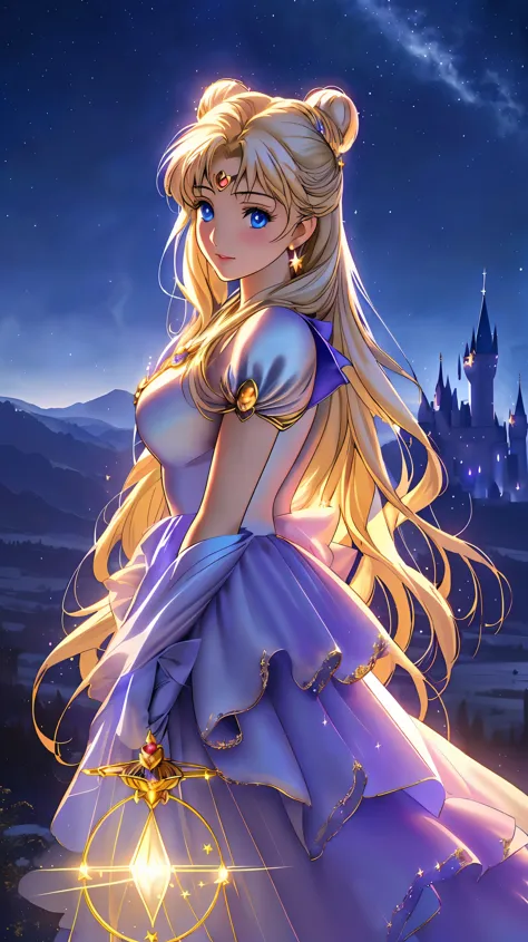 fantastical starry sky, magical girl waving her magic wand, illuminating the world, warming hearts, starry castle, sense of myst...