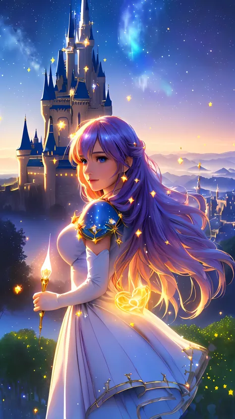 Fantastical starry sky, magical girl waving her magic wand, illuminating the world, warming hearts, starry castle, sense of myst...