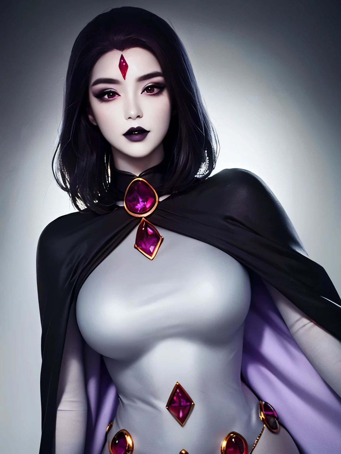 (Best Quality, 8k, Masterpiece, UHD), (Photo of Attractive Korean Gothic model Woman with tattoos), solo 1Girl as Raven, ((gemstone on forehead)), heavy makeup , cape, choker,very pale skin,Ultra Detailed Face, Detailed Lips, Fine Eyes, black lipstick, Fine Eyes, (((torso shot)))