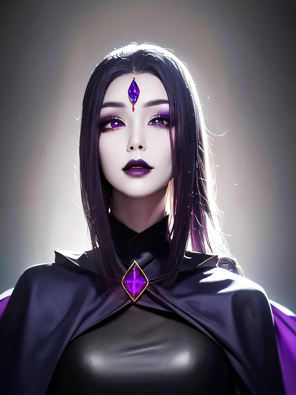 (Best Quality, 8k, Masterpiece, UHD), (Photo of Attractive Korean Gothic model Woman with tattoos), solo 1Girl as Raven, ((gemstone on forehead)), heavy makeup , cape, choker,very pale skin,Ultra Detailed Face, Detailed Lips, Fine Eyes, black lipstick, Fine Eyes, (((torso shot)))