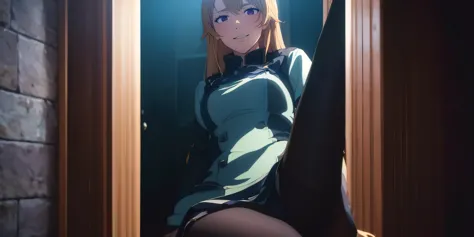 anatomically correct, ccurate, erina, (long hair, blonde hair:1.6), hews, heavy breathing, pantyhose, 1girl, solo, sitting,  long_sleeves, looking_at_viewer, brown_legwear, breasts, dress, couch, large_breasts, coat, glow effects, godrays, Hand drawn, rend...
