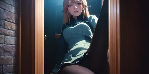 anatomically correct, ccurate, erina, (long hair, blonde hair:1.6), hews, heavy breathing, pantyhose, 1girl, solo, sitting,  long_sleeves, looking_at_viewer, brown_legwear, breasts, dress, couch, large_breasts, coat, glow effects, godrays, Hand drawn, rend...