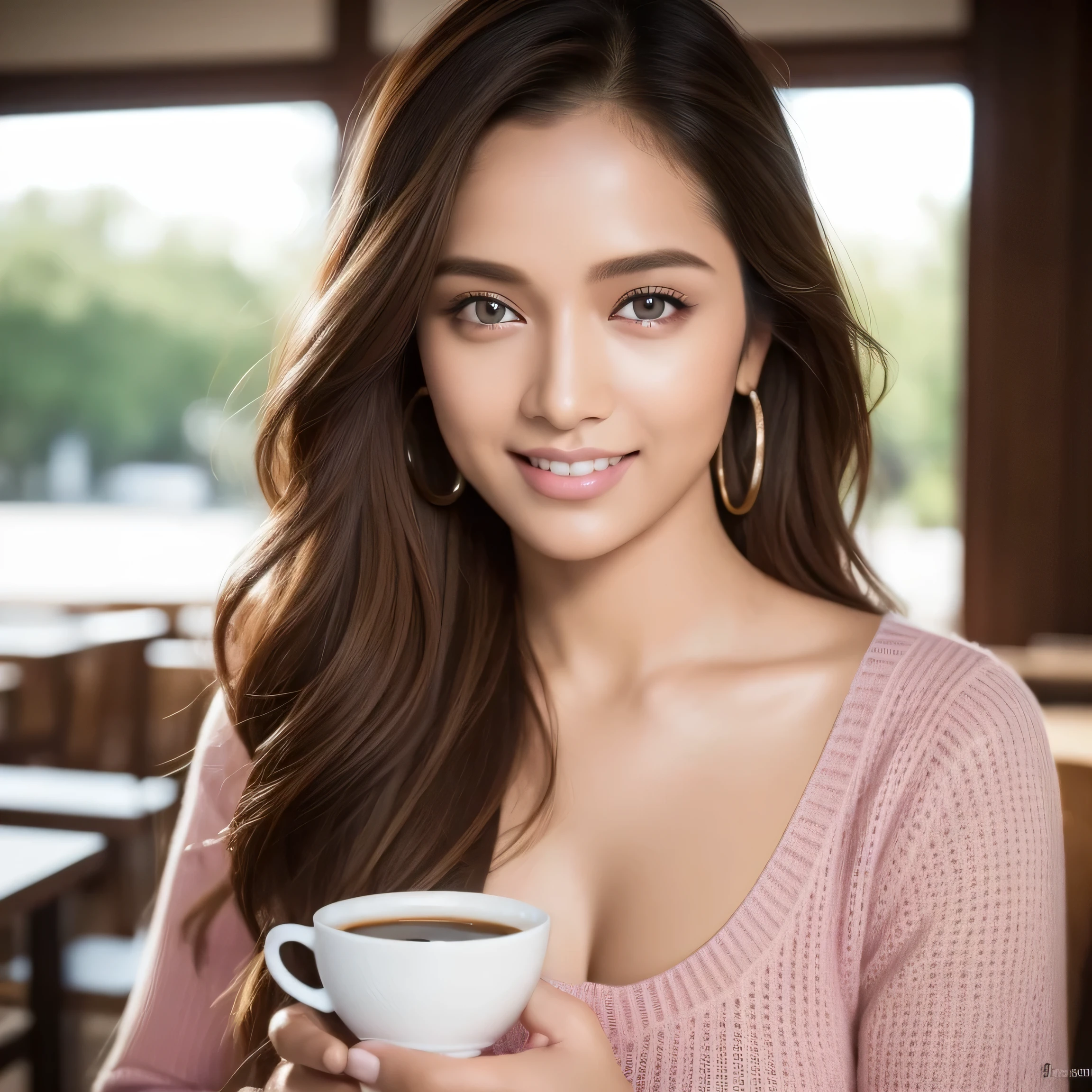 (8k, top quality, masterpiece: 1.2), (realistic, photorealistic: 1.37), super detailed, indian girl single, cute, solo, sexy, beautiful fine eyes, cute smile, realsitic, superb quality, beautiful blonde wearing pink sweater (sipping coffee inside a modern café at sunset), very detailed, 23 years old, innocent face, natural wavy hair, blue eyes, high resolution, masterpiece, best quality, intricate details, highly detailed, sharp focus, detailed skin, realistic skin texture, texture, detailed eyes, professional, 4k, charming smile, shot on Canon, 85mm, shallow depth of field,  kodak vision color, perfect fit body, extremely detailed, foto_\(ultra\), photorealistic, realistic, post-processing, maximum detail, roughness, real life, ultra realistic, photorealism, photography, 8k uhd, photography