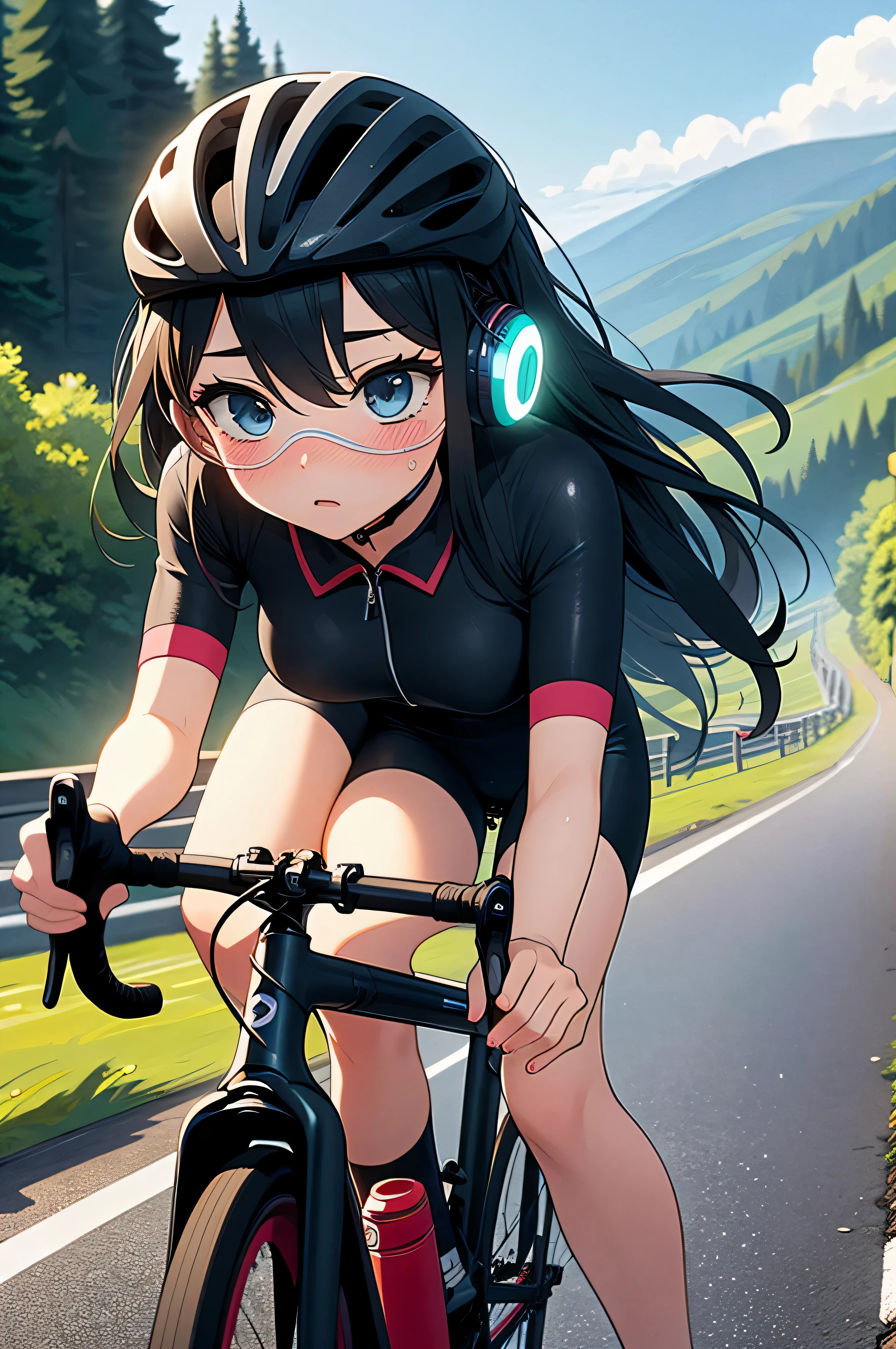 (((masterpiece))), (((best quality))), (((Ride a road bike))), downhill, steep slope, eye mask, earphone, Cycling shorts, wind, Speed line effect, alone, 1 girl, ribbon, long hair, Split, big tits, Shy. blush,  