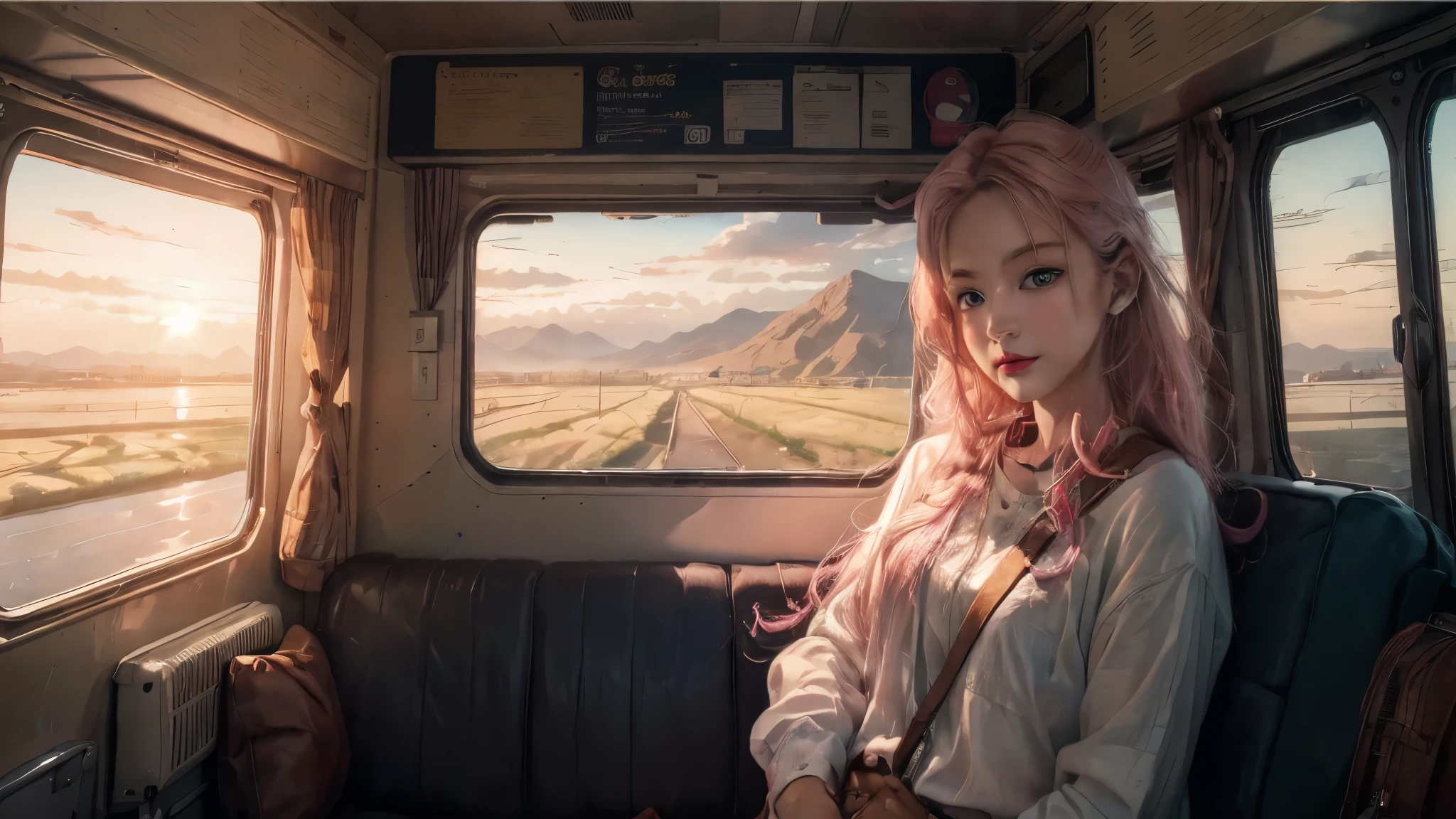 黒髪の女性が電車に座っている, artwork in the style of グウェイズ, ロス・トラン. 風景の背景, 美しいデジタルアート, カラフルなデジタルペインティング, 愛らしいデジタル絵画, 美しいデジタル絵画, グウェイズ, アニメーションスタイル. 8000人, ロス・トラン 8 k, 美しいデジタルイラスト, LOFIガール, アニメーションスタイルd digital art