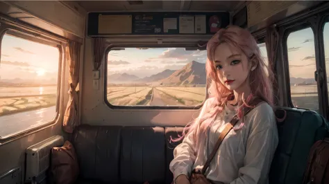 A dark-haired woman is sitting on a train, artwork in the style of Guweizu, Ross Tran. scenic background, beautiful digital artw...