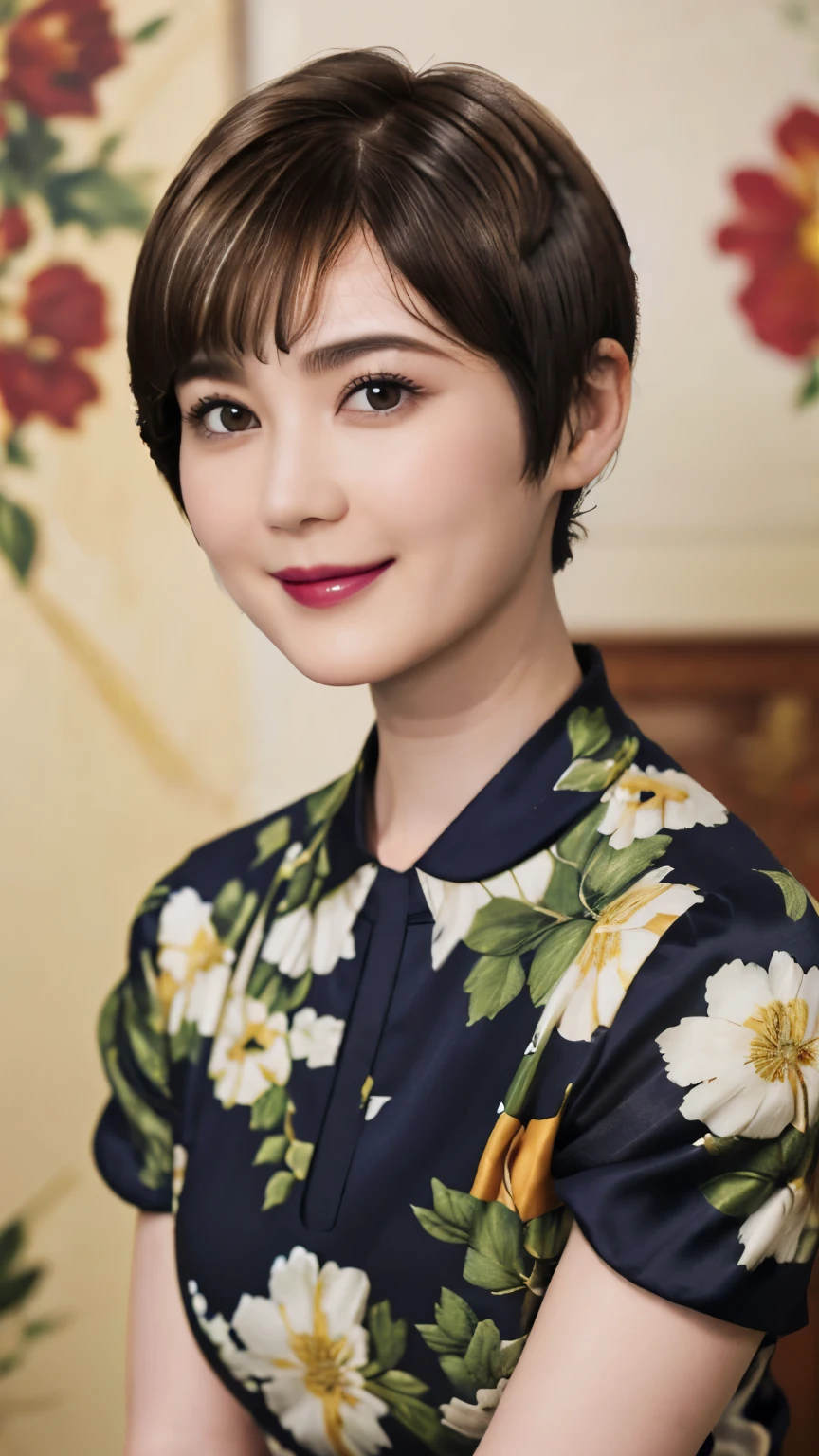 151
(20 year old woman,Floral clothing), (Super realistic), (high resolution), ((beautiful hairstyle 46)), ((short hair:1.46)), (gentle smile), (brest:1.1), (lipstick)
