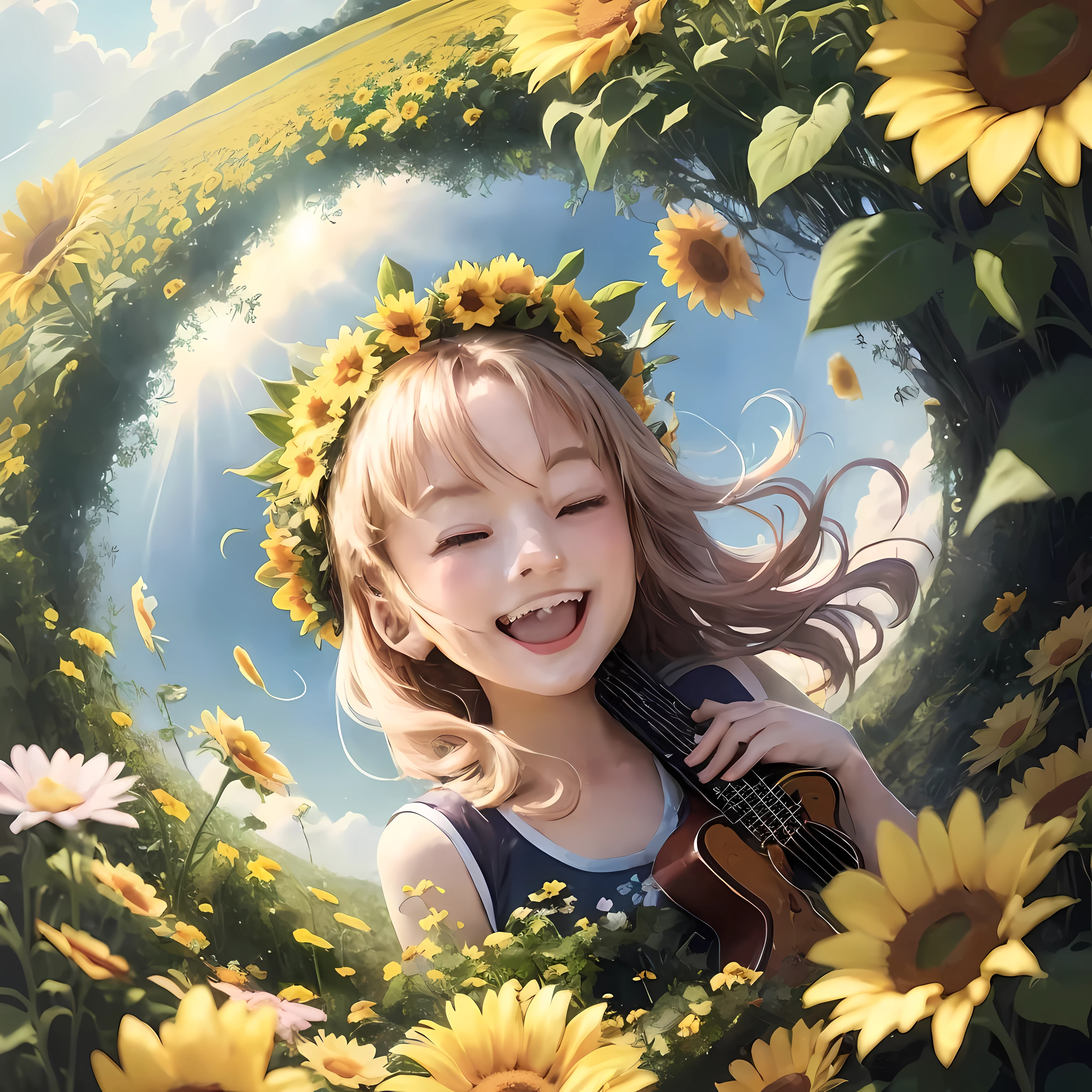 Girl holding a doll in a flower field, beautiful sunflower anime girl, Writer: Jay Yang, Official Artwork, Happy Sunny Day, Animated visual of a cute girl, , beautiful illustration picture, Happy Girl, surrounded by flowers, dramatic smile pose, happy and energetic expression, laugh!! fancy, Lovely smile, small and wide smile