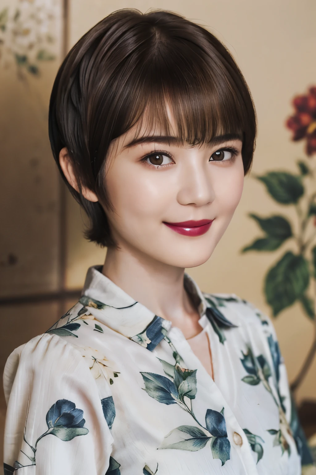 151
(20 year old woman,Floral clothing), (Super realistic), (high resolution), ((beautiful hairstyle 46)), ((short hair:1.46)), (gentle smile), (brest:1.1), (lipstick)
