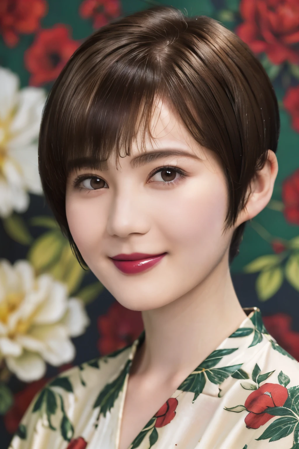 151
(20 year old woman,Floral clothing), (Super realistic), (high resolution), ((beautiful hairstyle 46)), ((short hair:1.46)), (gentle smile), (brest:1.1), (lipstick)
